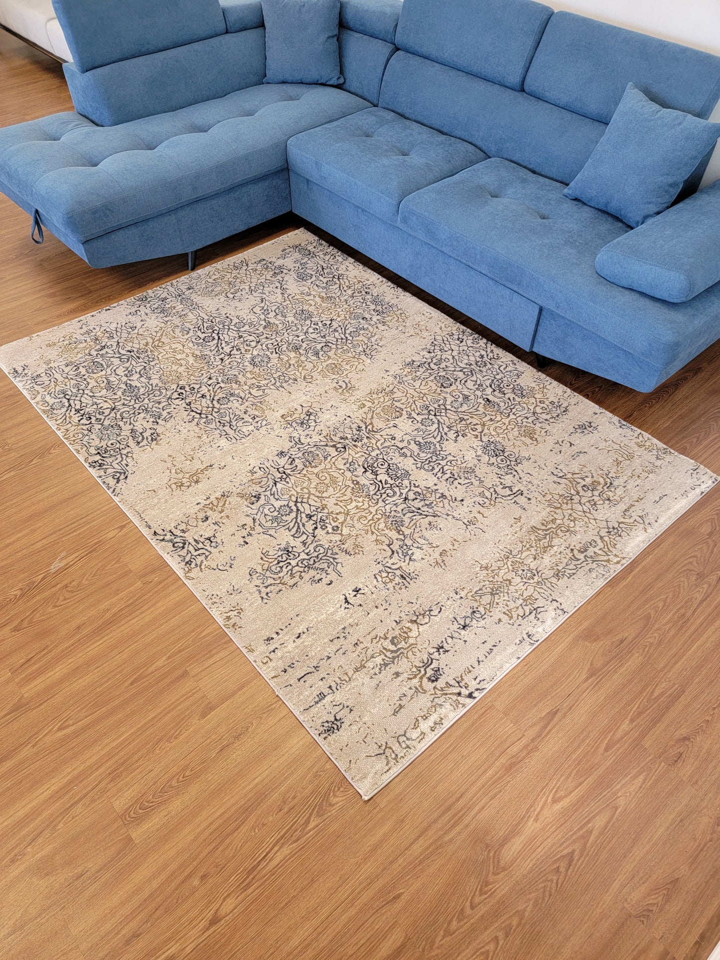 Olimpos Damask Area Rug. Beige, Navy, and Olive Green