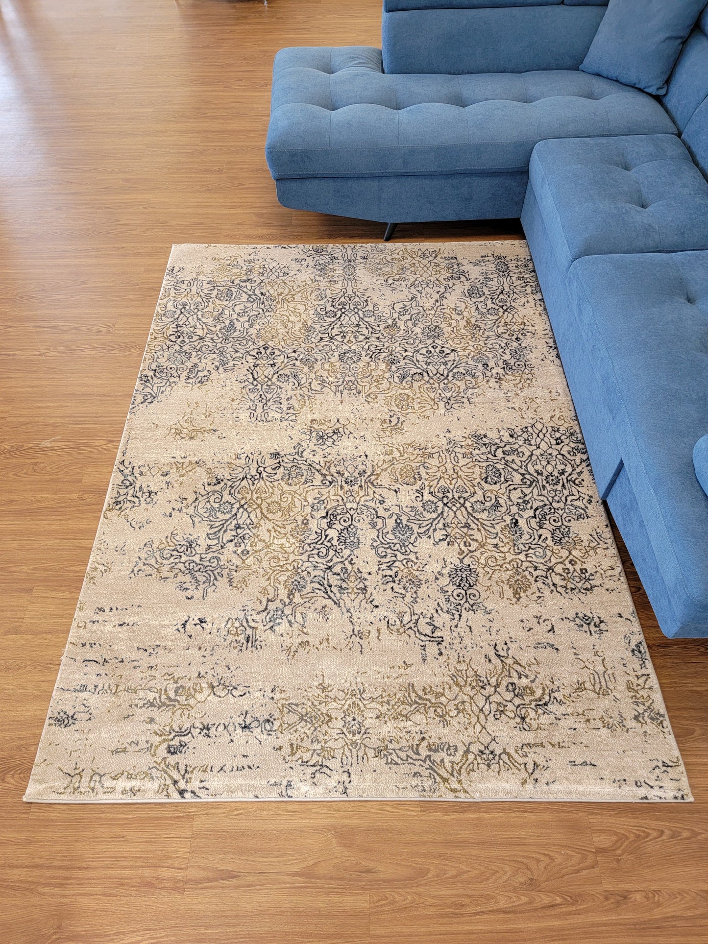 Olimpos Damask Area Rug. Beige, Navy, and Olive Green