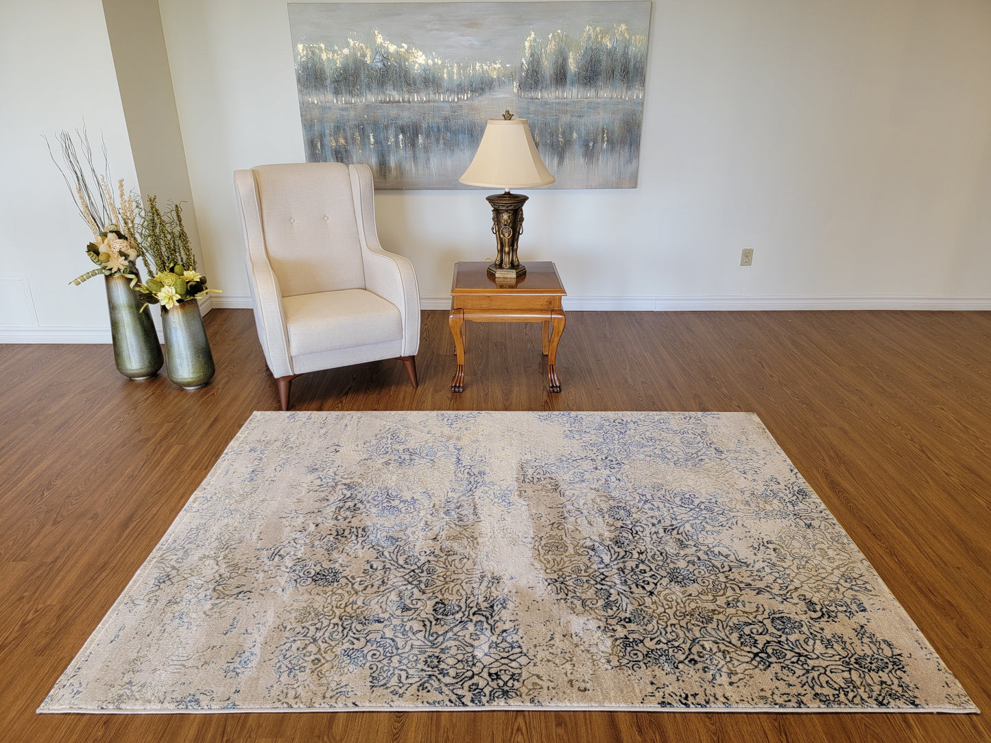 Olimpos Damask Area Rug. Beige, Navy, and Olive Green