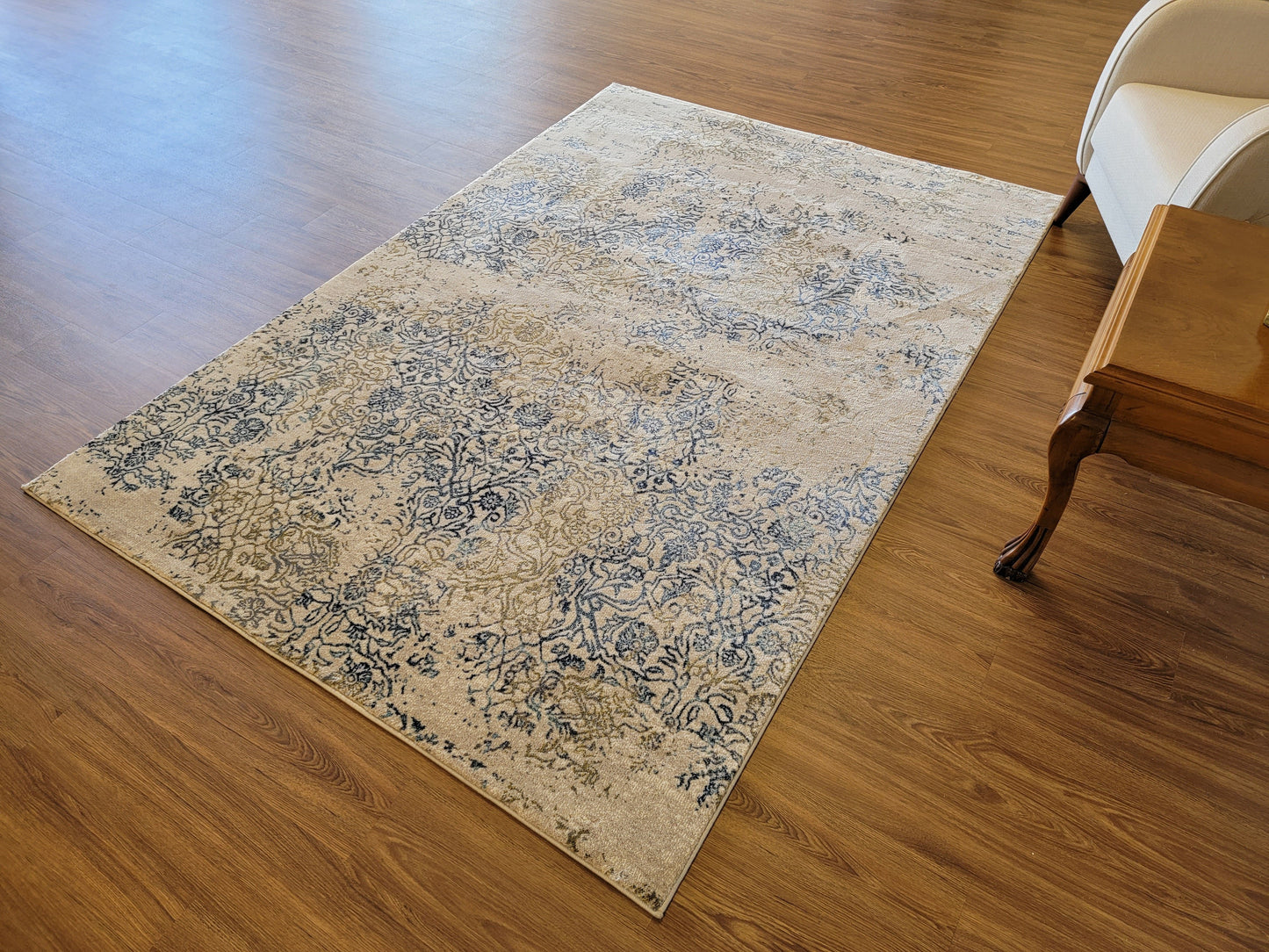 Olimpos Damask Area Rug. Beige, Navy, and Olive Green