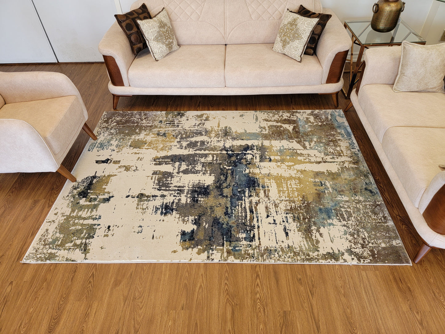 Olimpos Abstract Area Rug. Beige, Cobalt Blue, and Golden Brown
