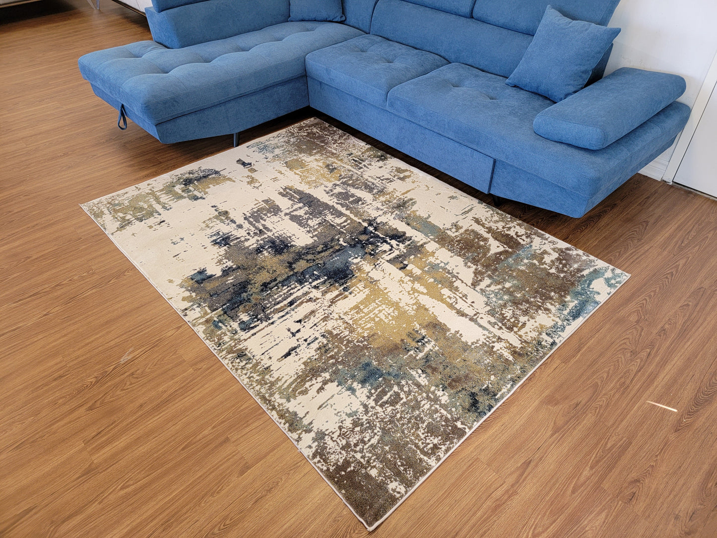 Olimpos Abstract Area Rug. Beige, Cobalt Blue, and Golden Brown
