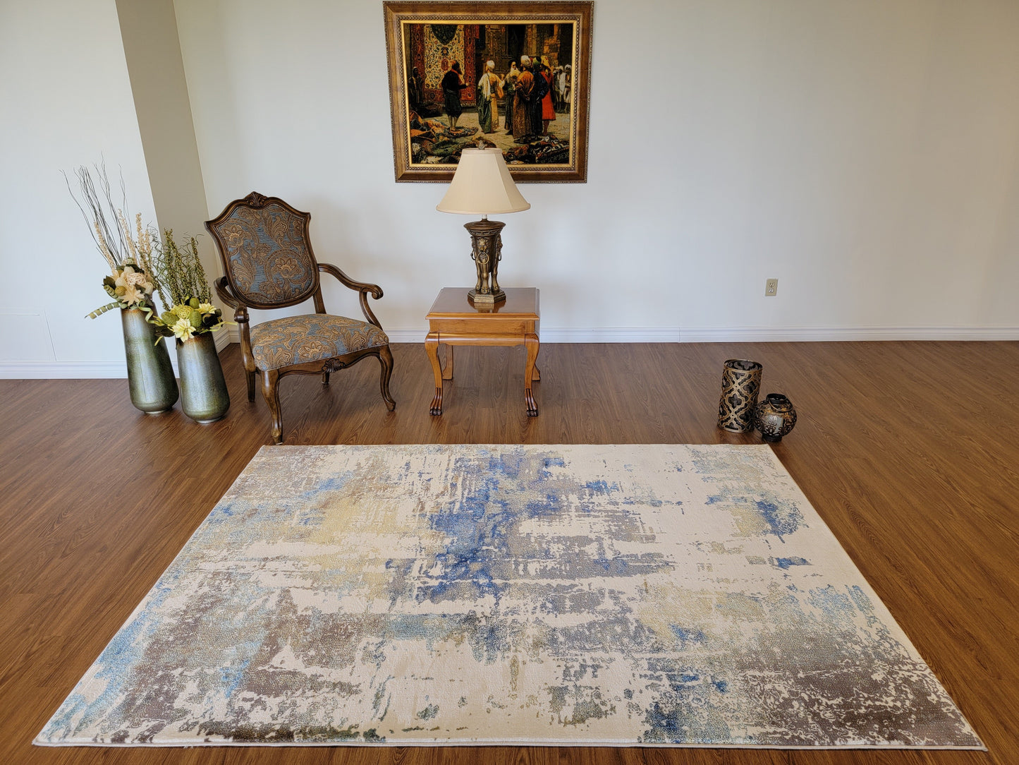 Olimpos Abstract Area Rug. Beige, Cobalt Blue, and Golden Brown