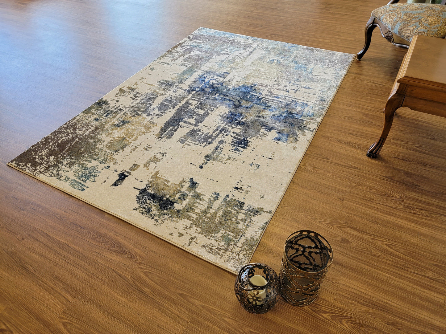Olimpos Abstract Area Rug. Beige, Cobalt Blue, and Golden Brown