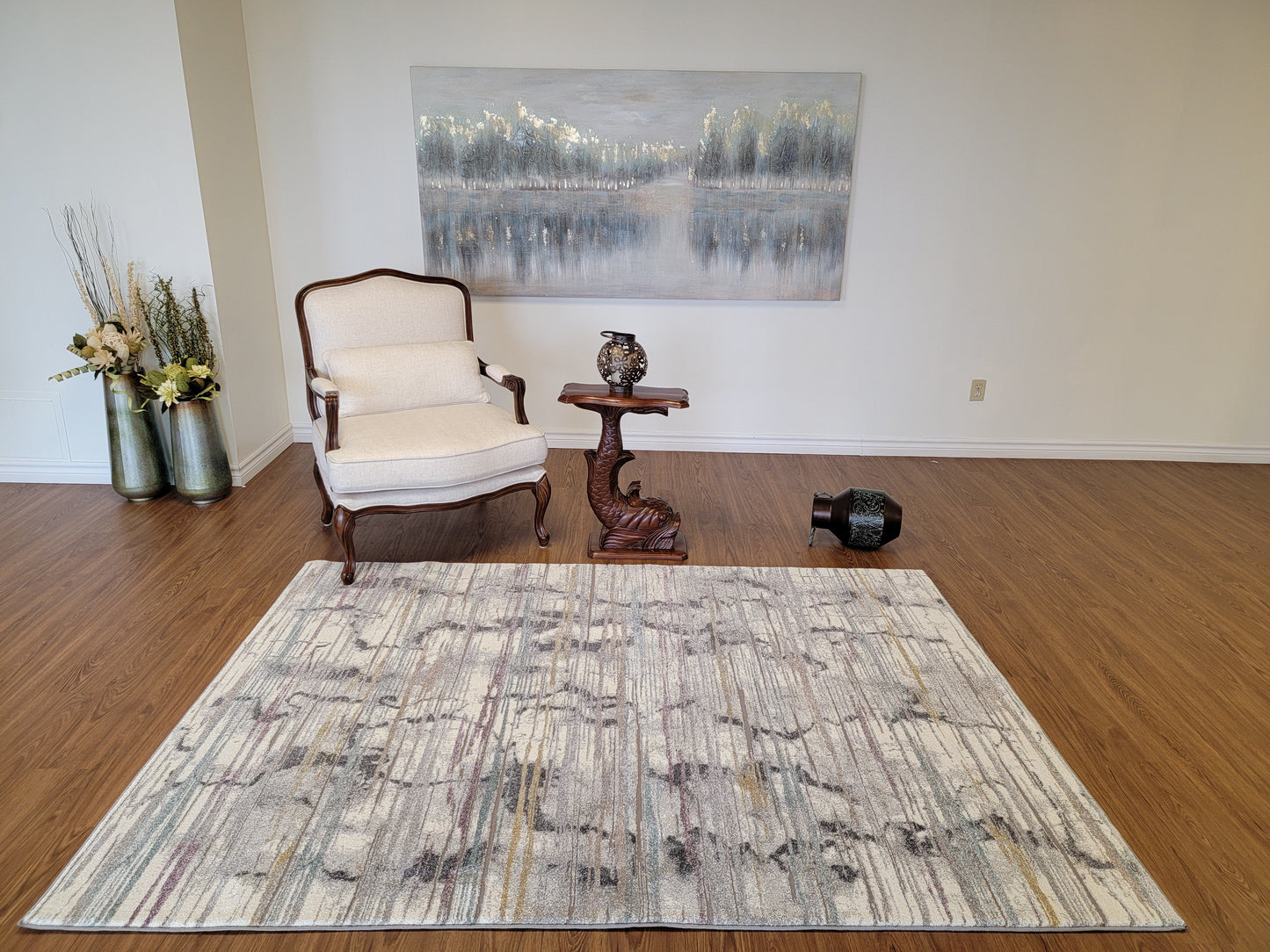 Revero Abstract Area Rug. Ivory, Gold, Gray, and Teal Blue