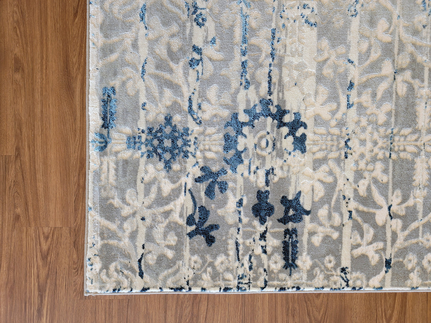 Airmont Damask Area Rug. White, Ash Gray, and Navy