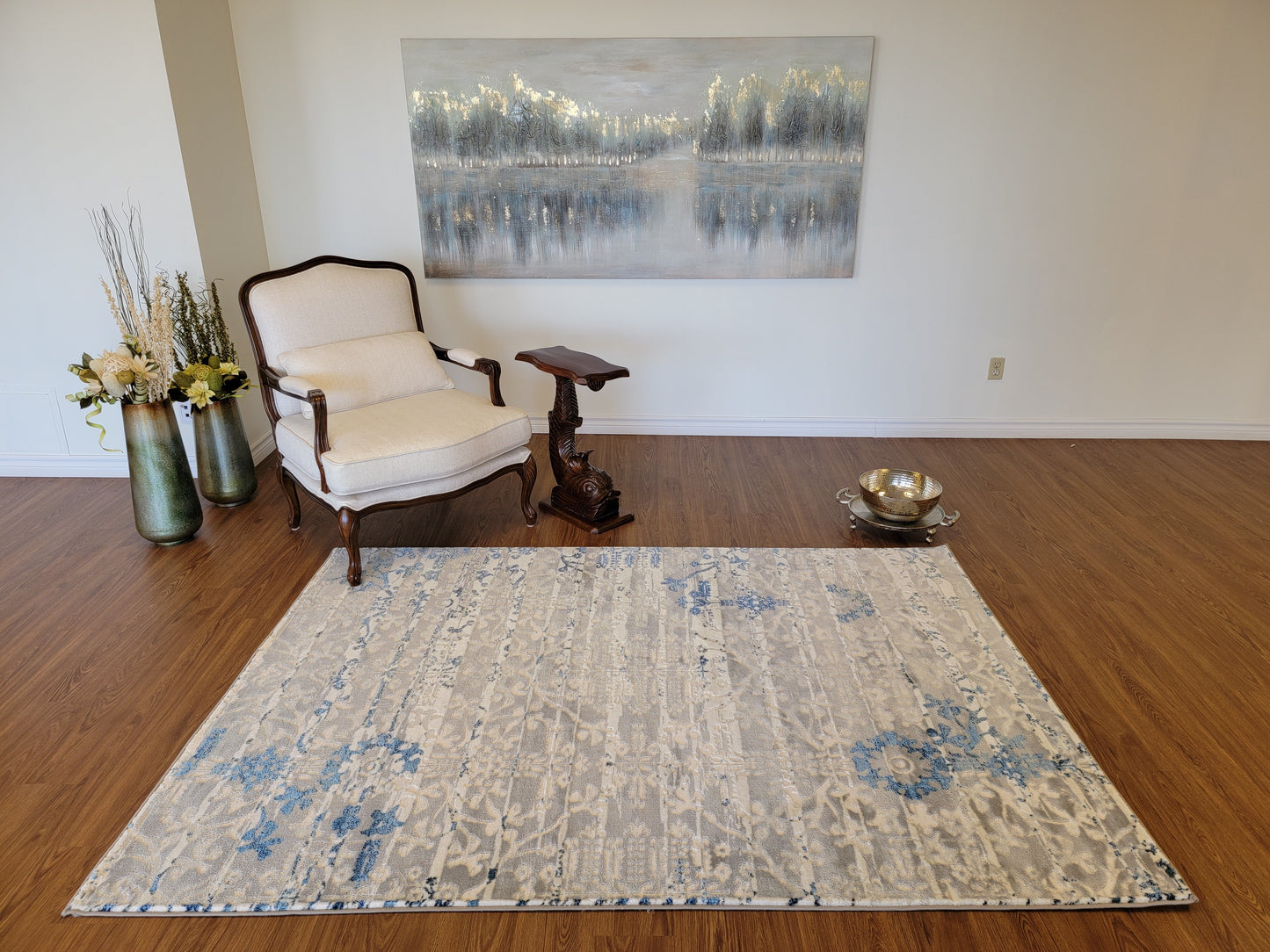 Airmont Damask Area Rug. White, Ash Gray, and Navy