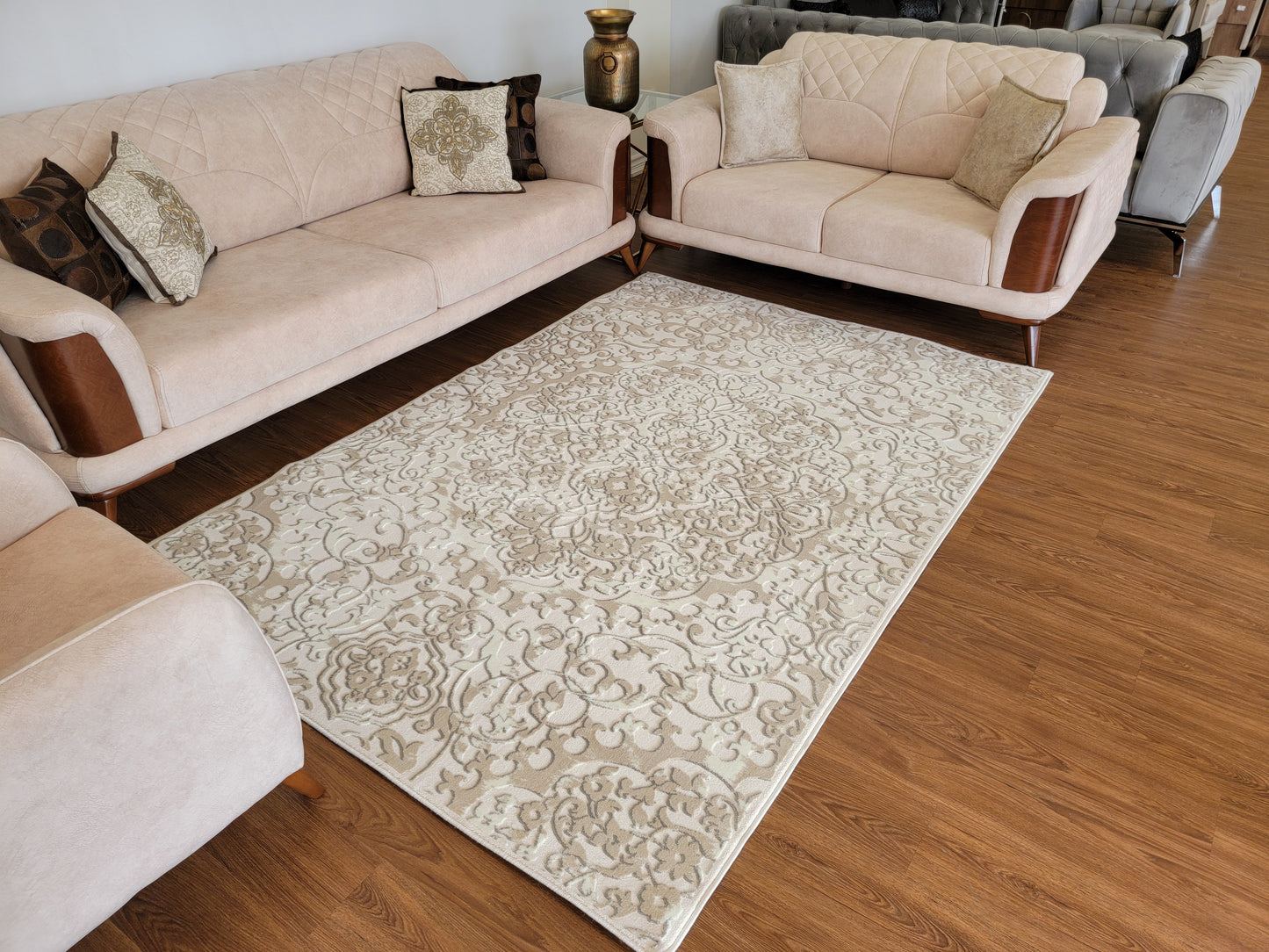 Airmont Modern Traditional Area Rug. Beige, White, and Silver