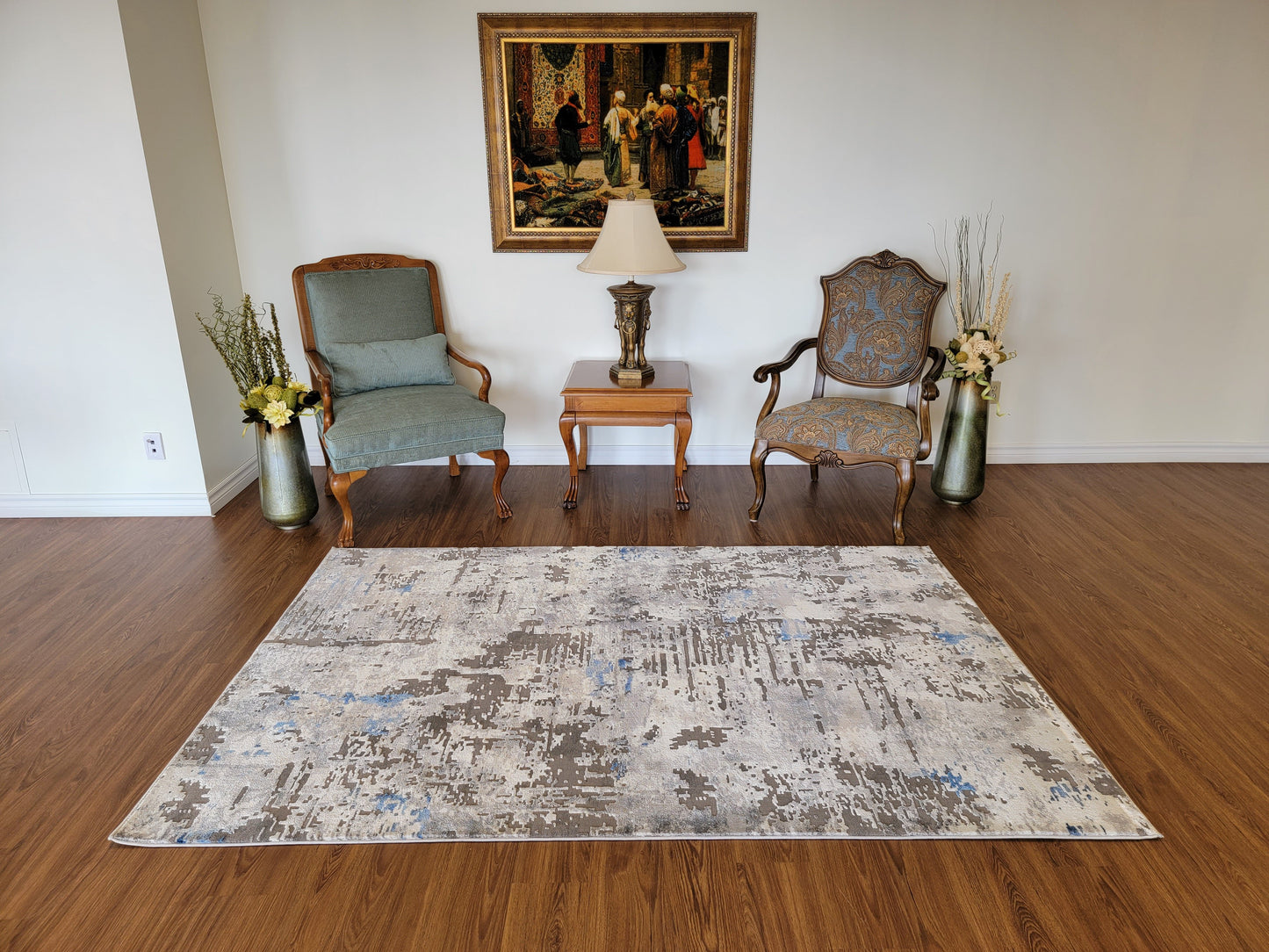 Armodies Abstract Area Rug. White, Ash Gray, and Blue