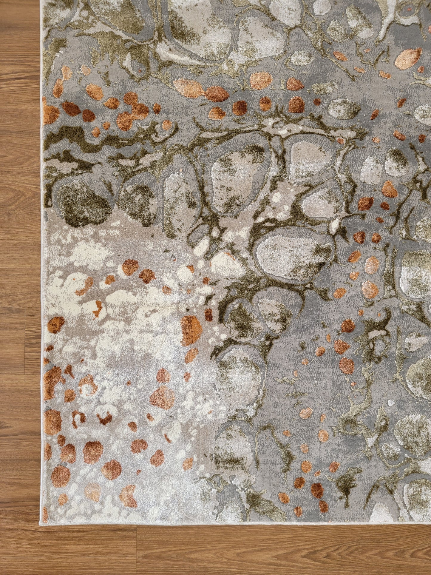 Armodies Abstract Area Rug. Ash Gray, Army Green, and Copper
