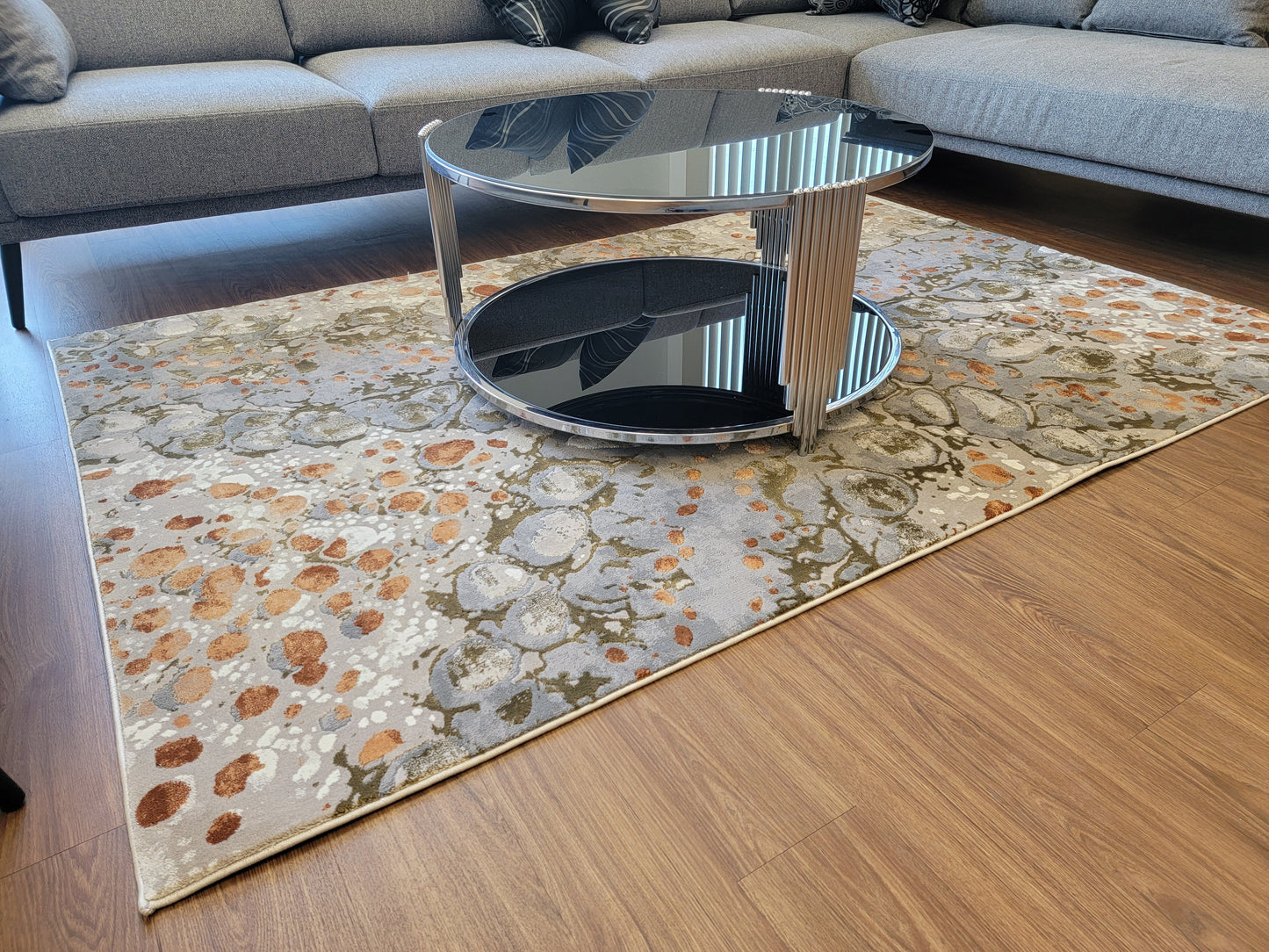 Armodies Abstract Area Rug. Ash Gray, Army Green, and Copper