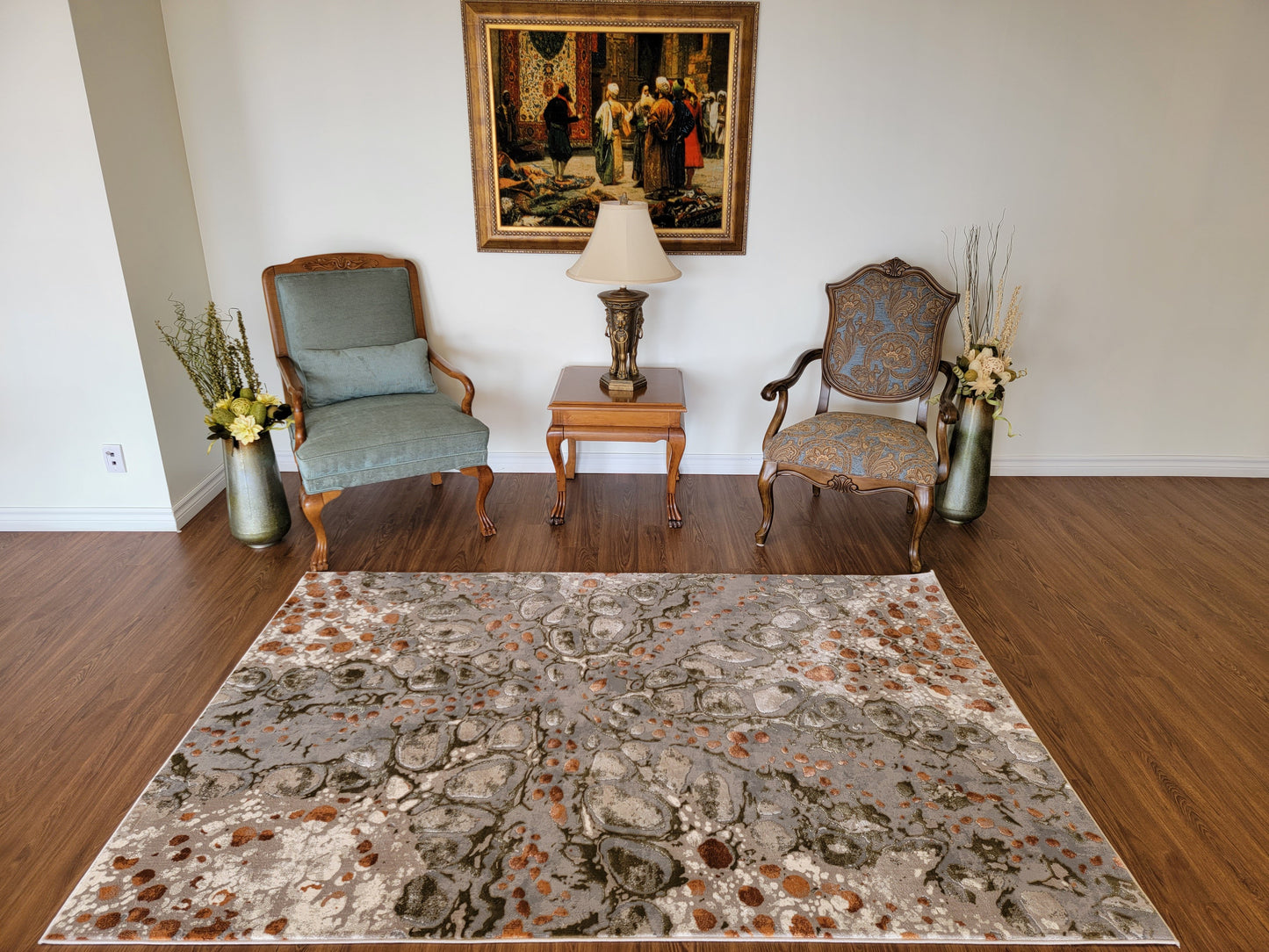 Armodies Abstract Area Rug. Ash Gray, Army Green, and Copper