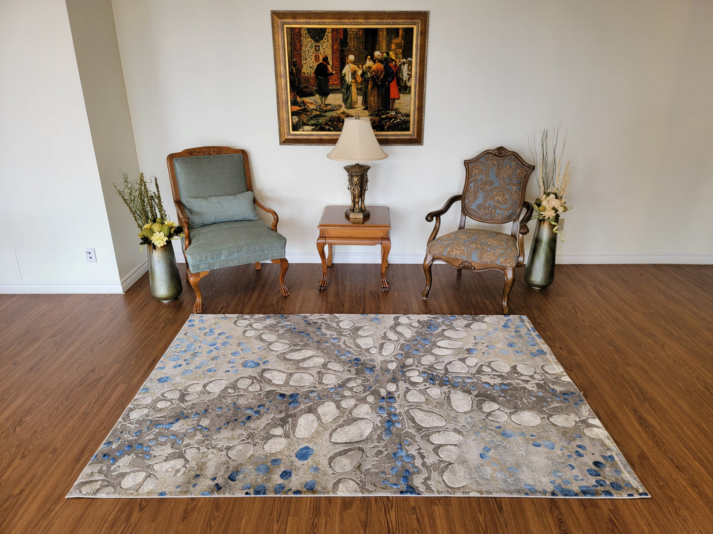 Armodies Abstract Area Rug. Metallic Gray, Silver, and Cobalt Blue