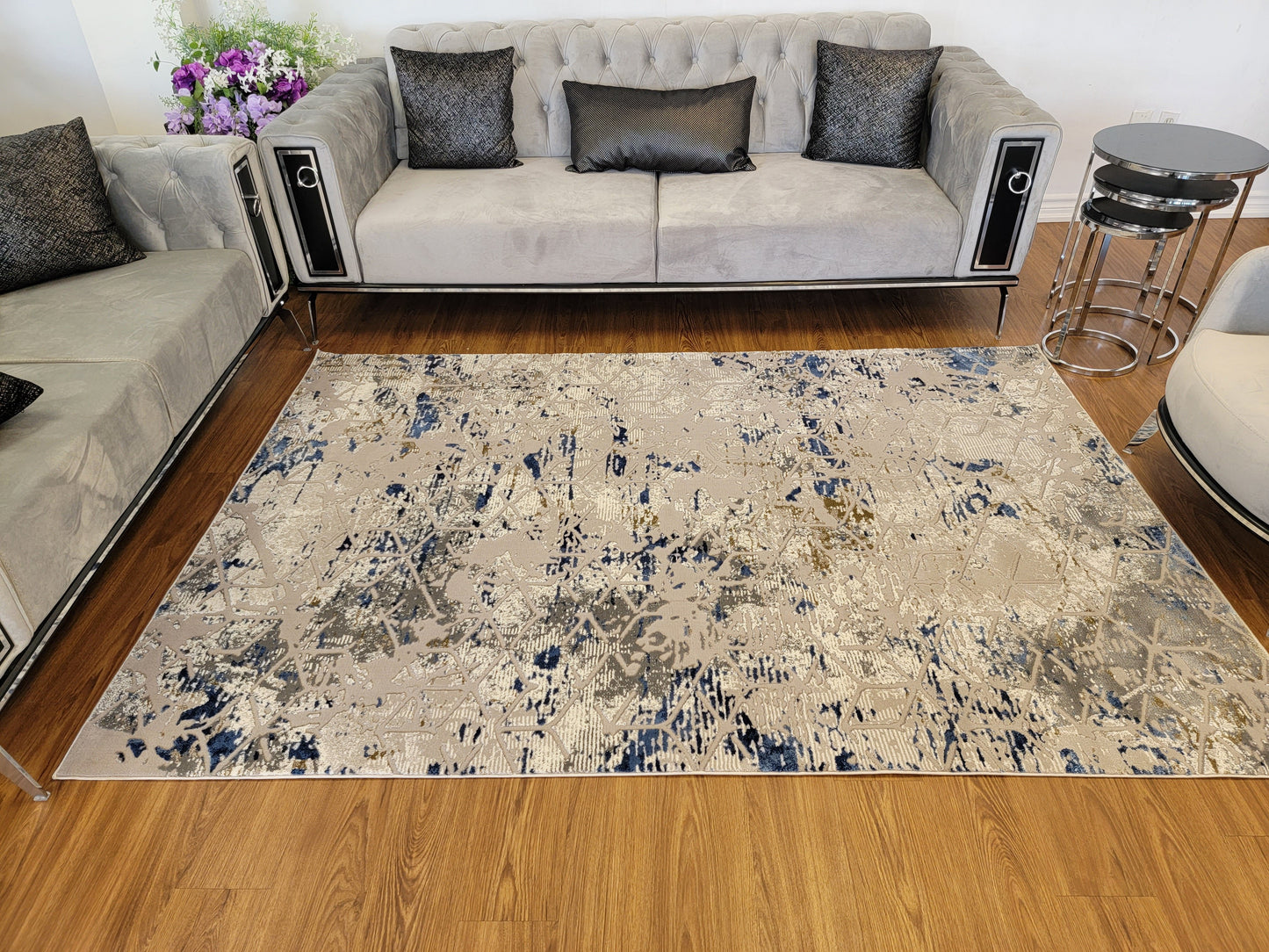 Armodies Geometric Area Rug. Platinum, Navy, and Army Green
