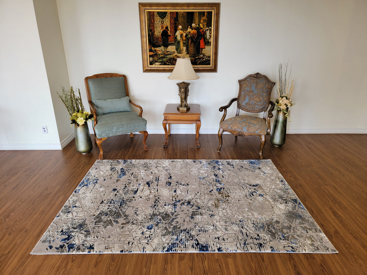Armodies Geometric Area Rug. Platinum, Navy, and Army Green