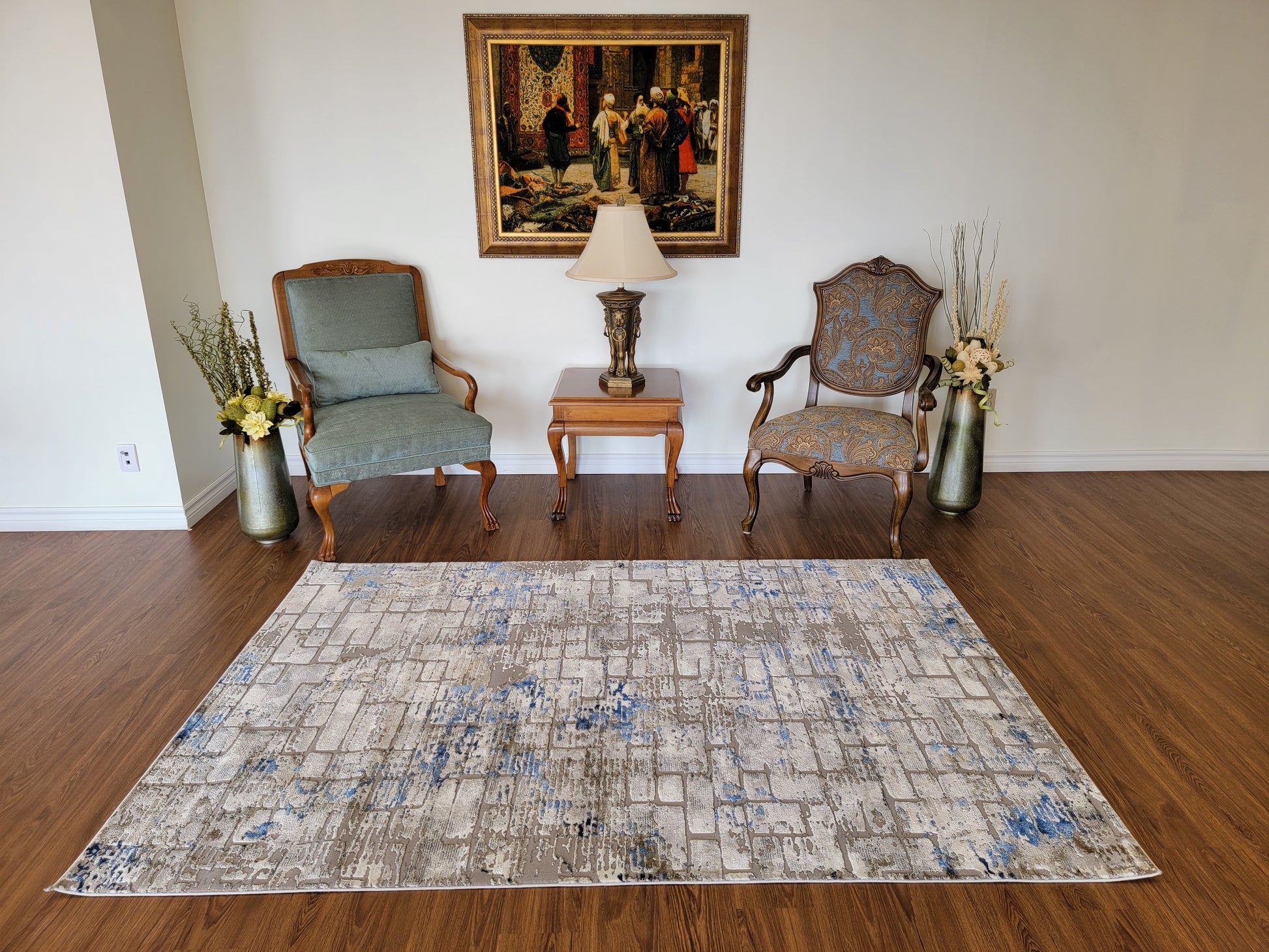 Armodies Geomatric Area Rug. Grey, Silver and Cobalt Blue.