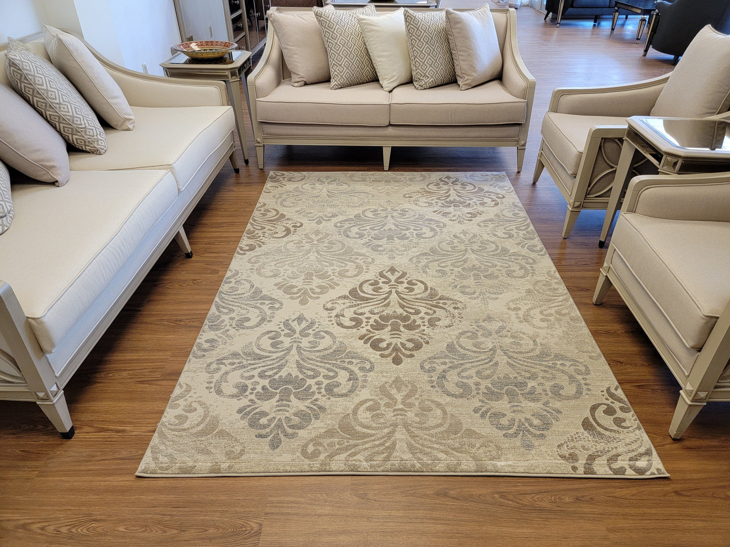 Baguette Damask Area Rug. Beige, Platinum, and Ash Gray