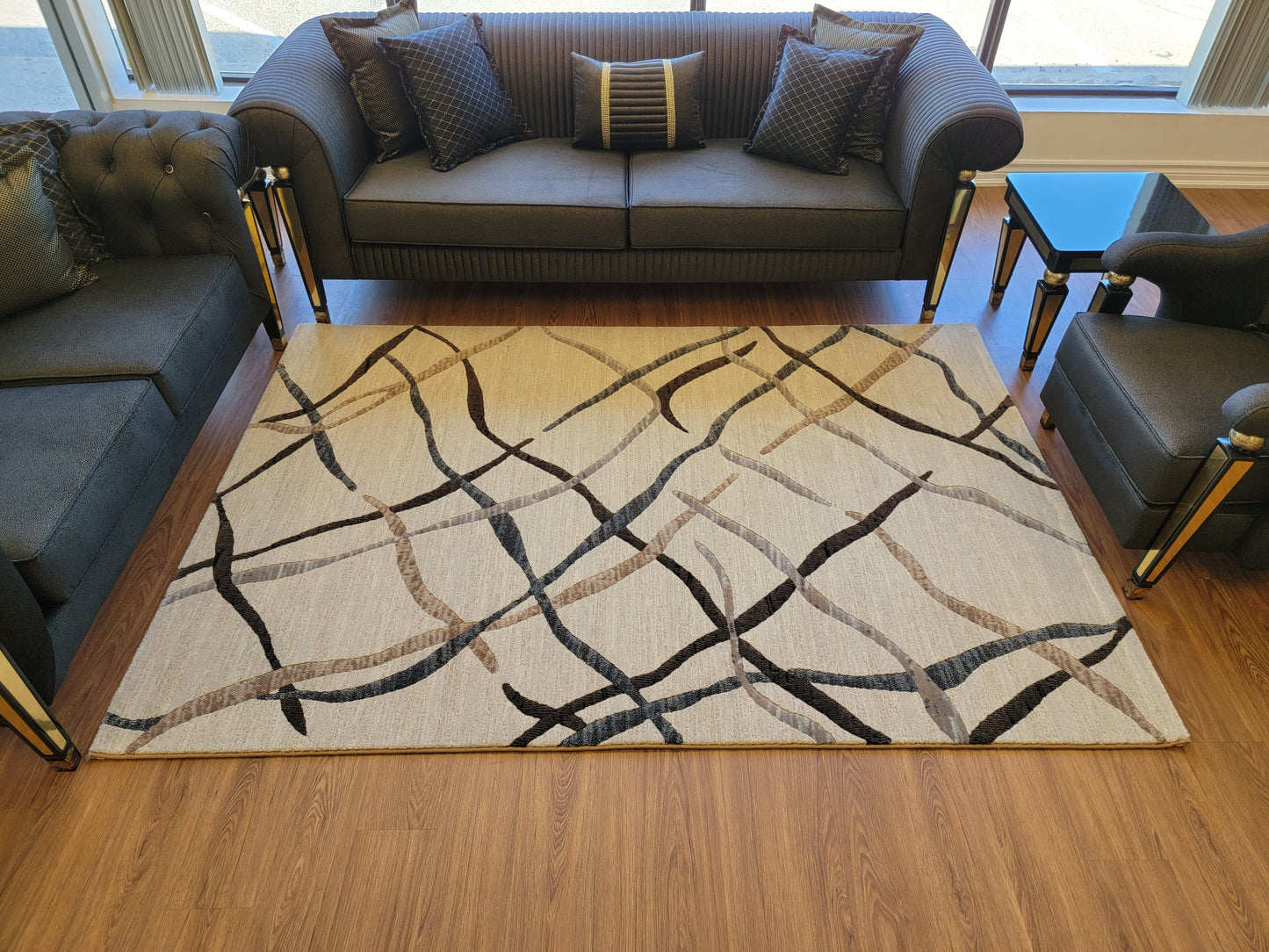 Baguette Geometric Area Rug. Beige with Curved lines