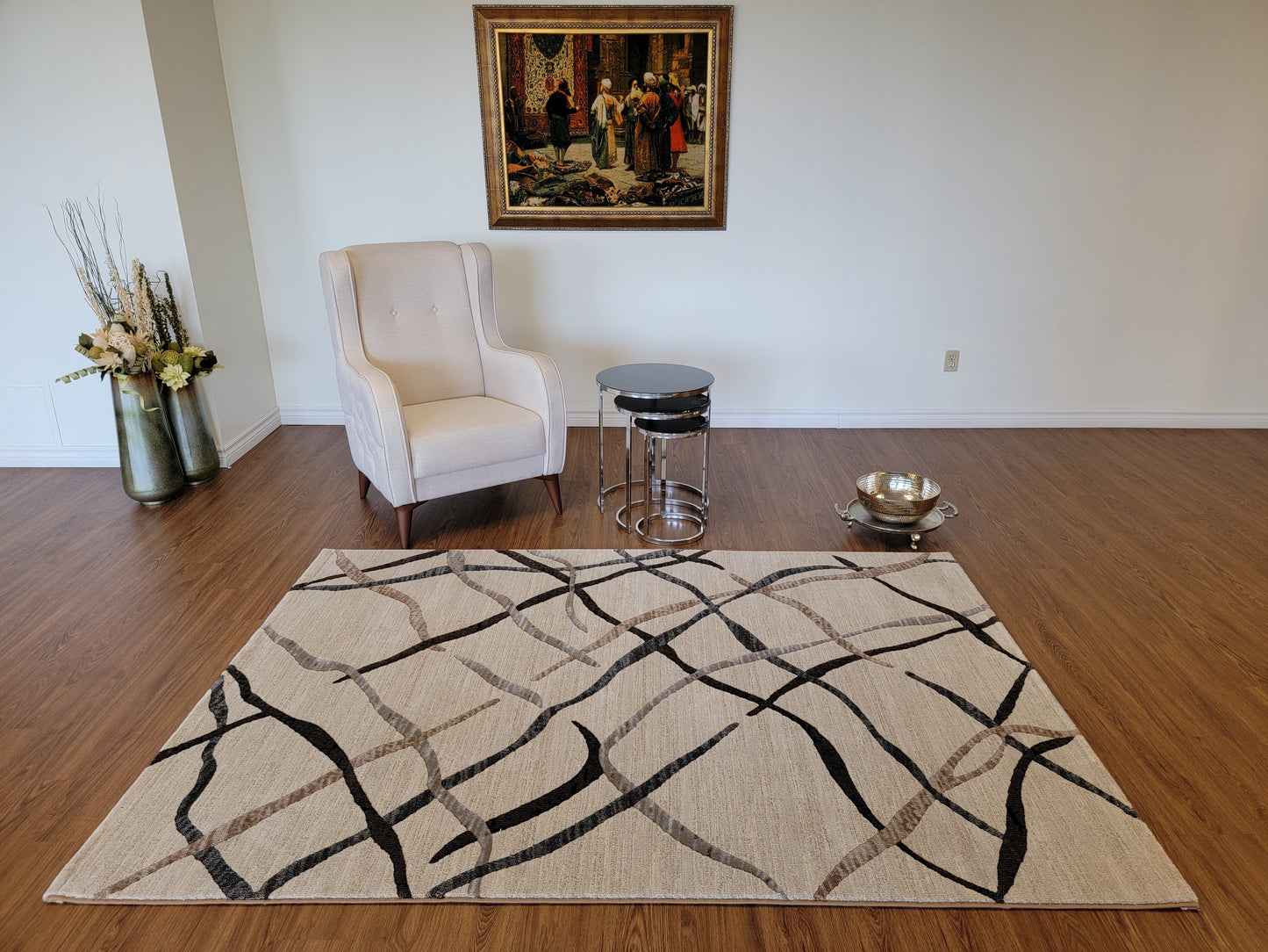Baguette Geometric Area Rug. Beige with Curved lines