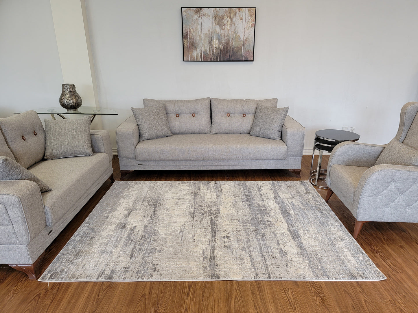 Cozy Abstract Area Rug. Cream, Light Gray, and Slate Gray