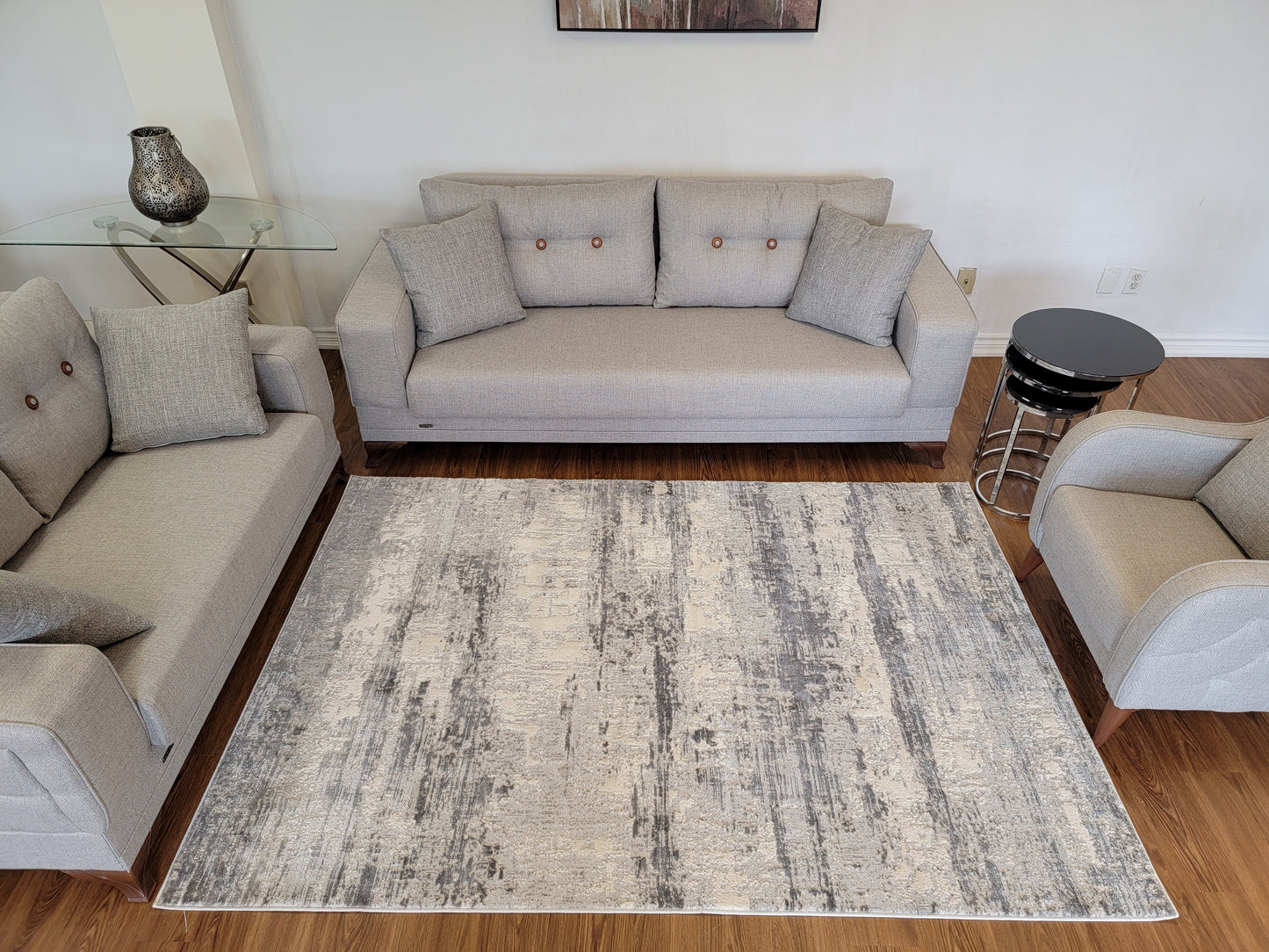 Cozy Abstract Area Rug. Cream, Light Gray, and Slate Gray