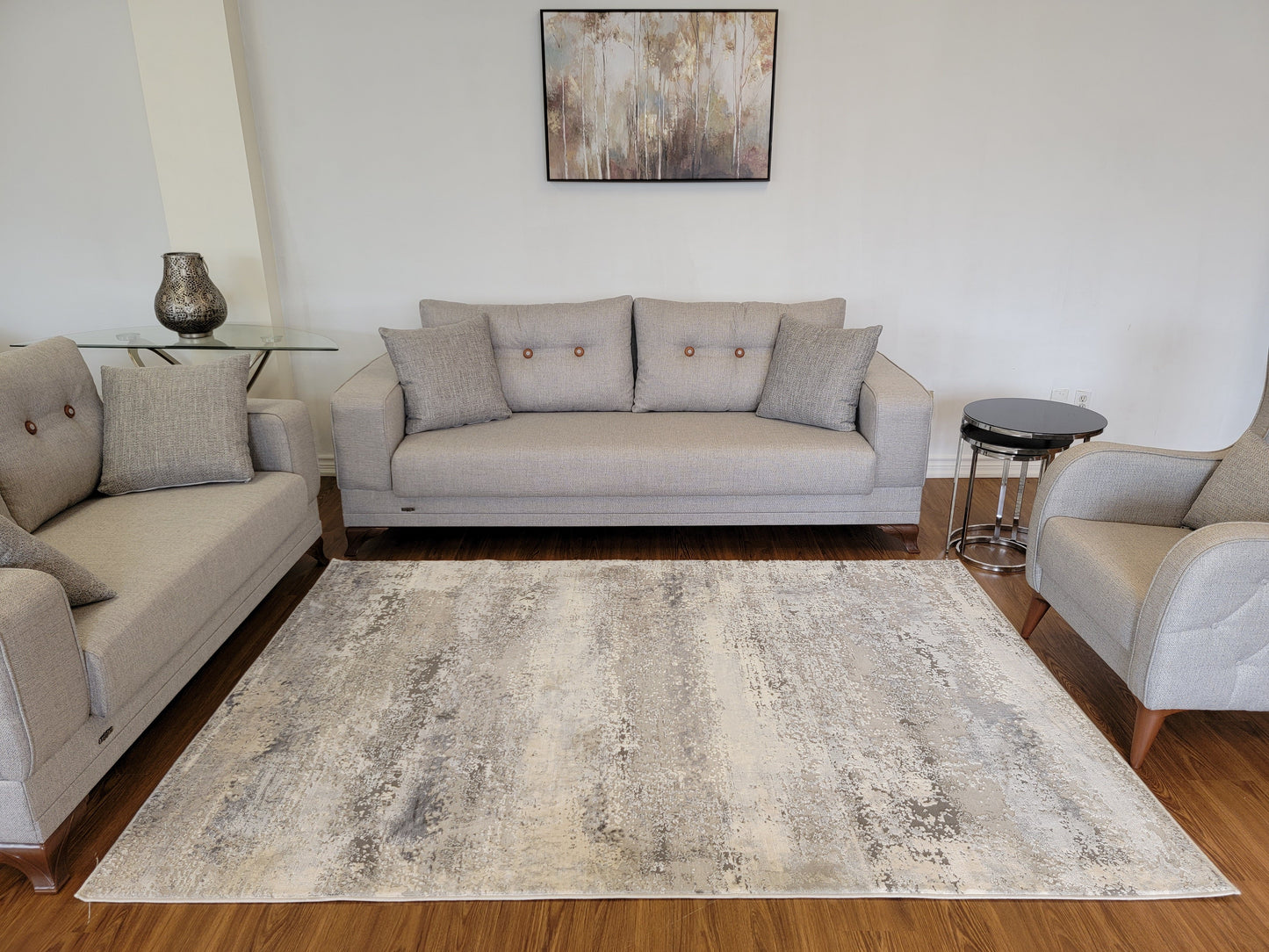 Cozy Abstract Area Rug. White, Platinum, and Slate Gray