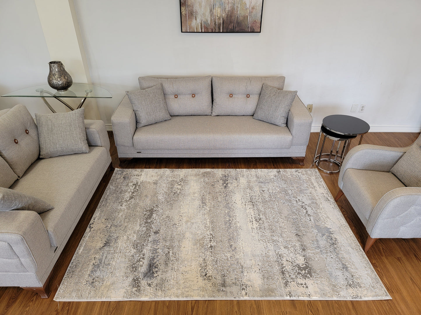 Cozy Abstract Area Rug. White, Platinum, and Slate Gray