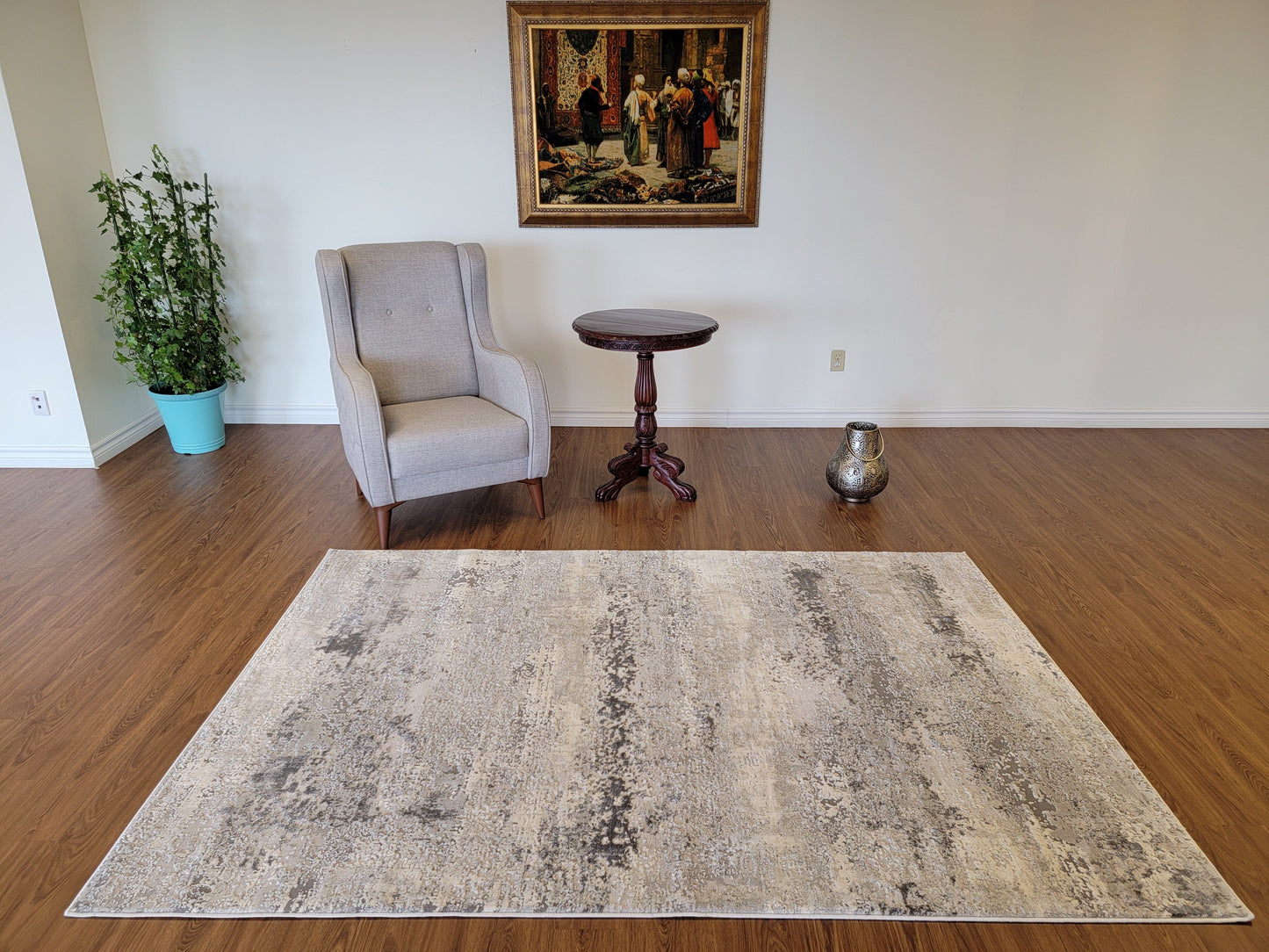 Cozy Abstract Area Rug. White, Platinum, and Slate Gray