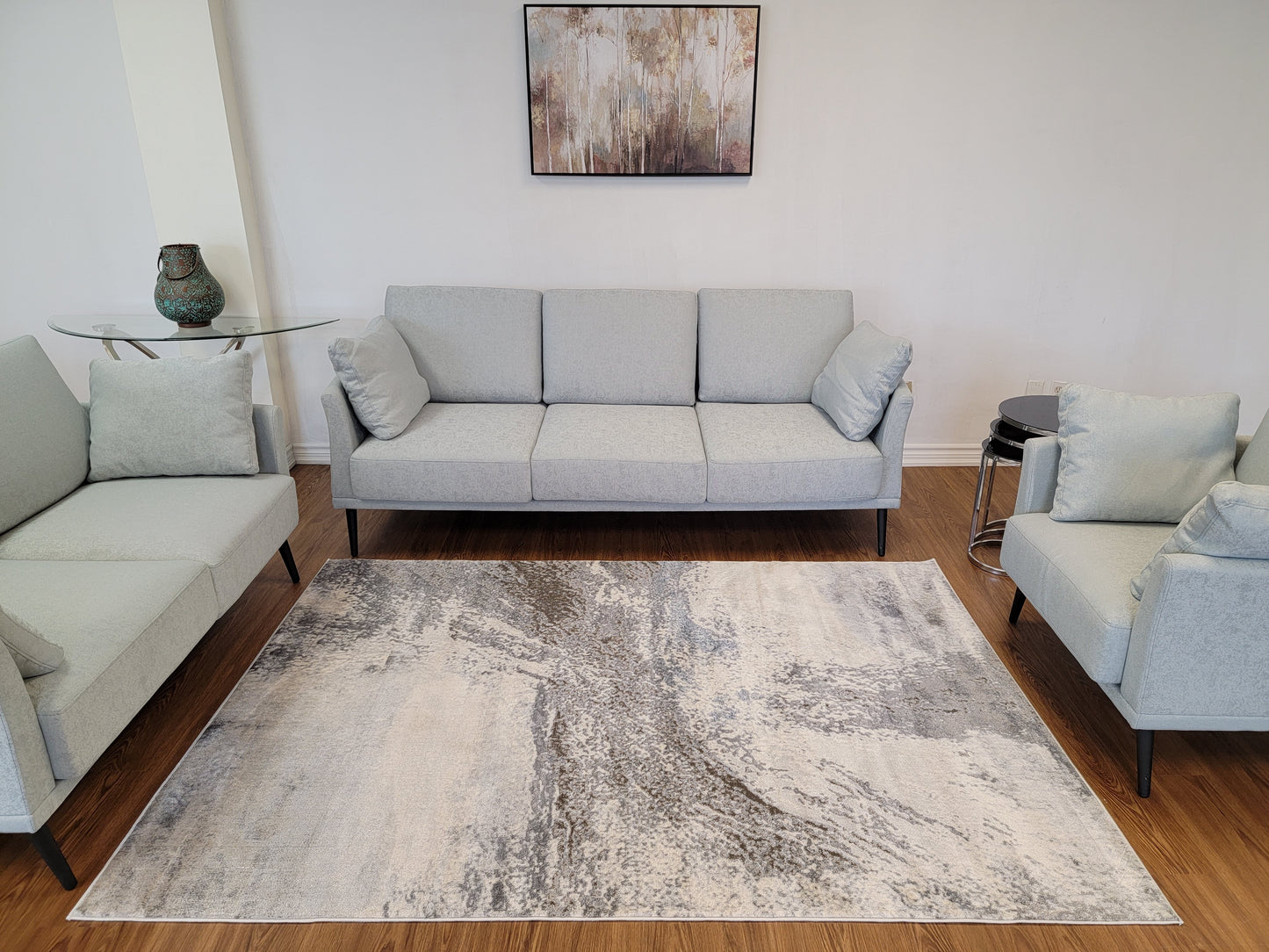 Cozy Abstract Area Rug. Cream, Light Blue, and Slate Gray