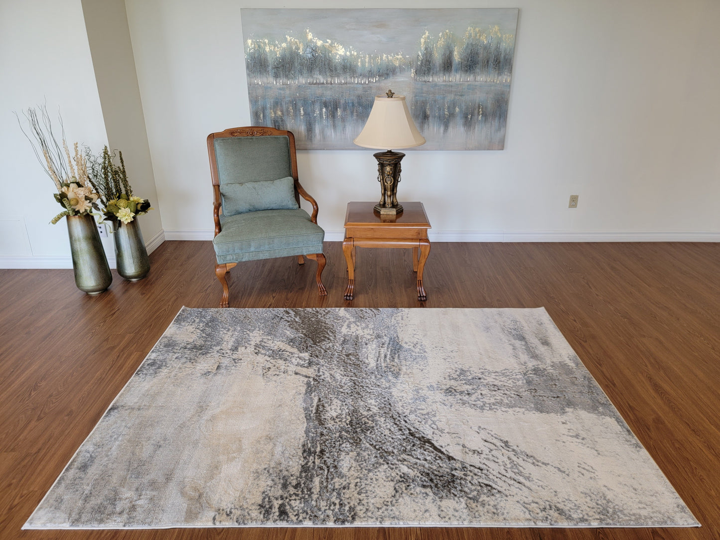 Cozy Abstract Area Rug. Cream, Light Blue, and Slate Gray