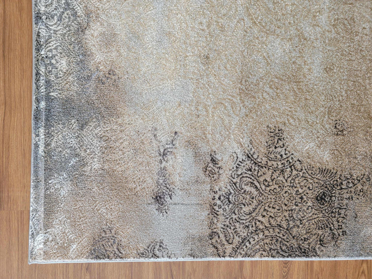 Despina Damask Area Rug. Ivory, Tan Brown, and Ash Gray