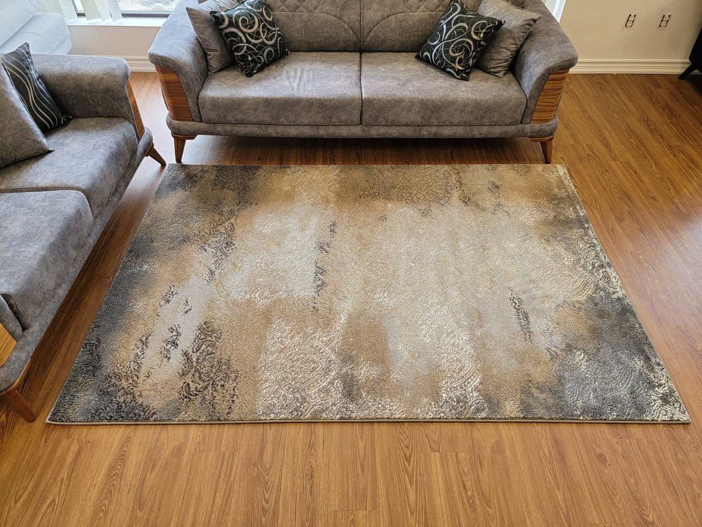 Despina Damask Area Rug. Ivory, Tan Brown, and Ash Gray