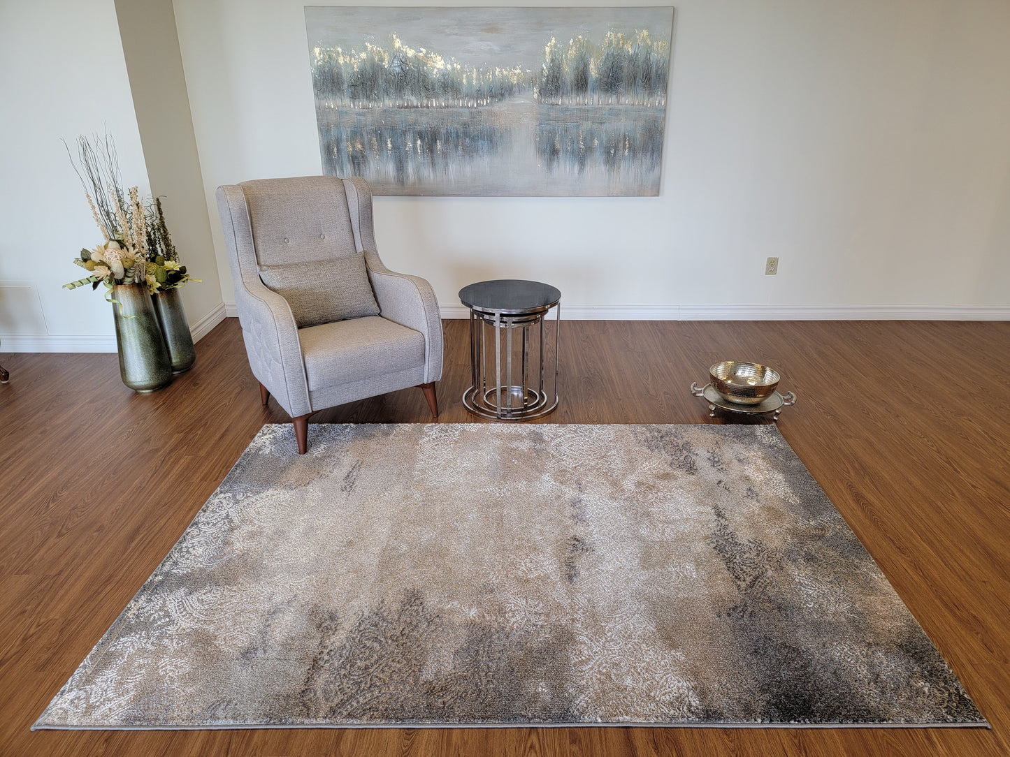 Despina Damask Area Rug. Ivory, Tan Brown, and Ash Gray