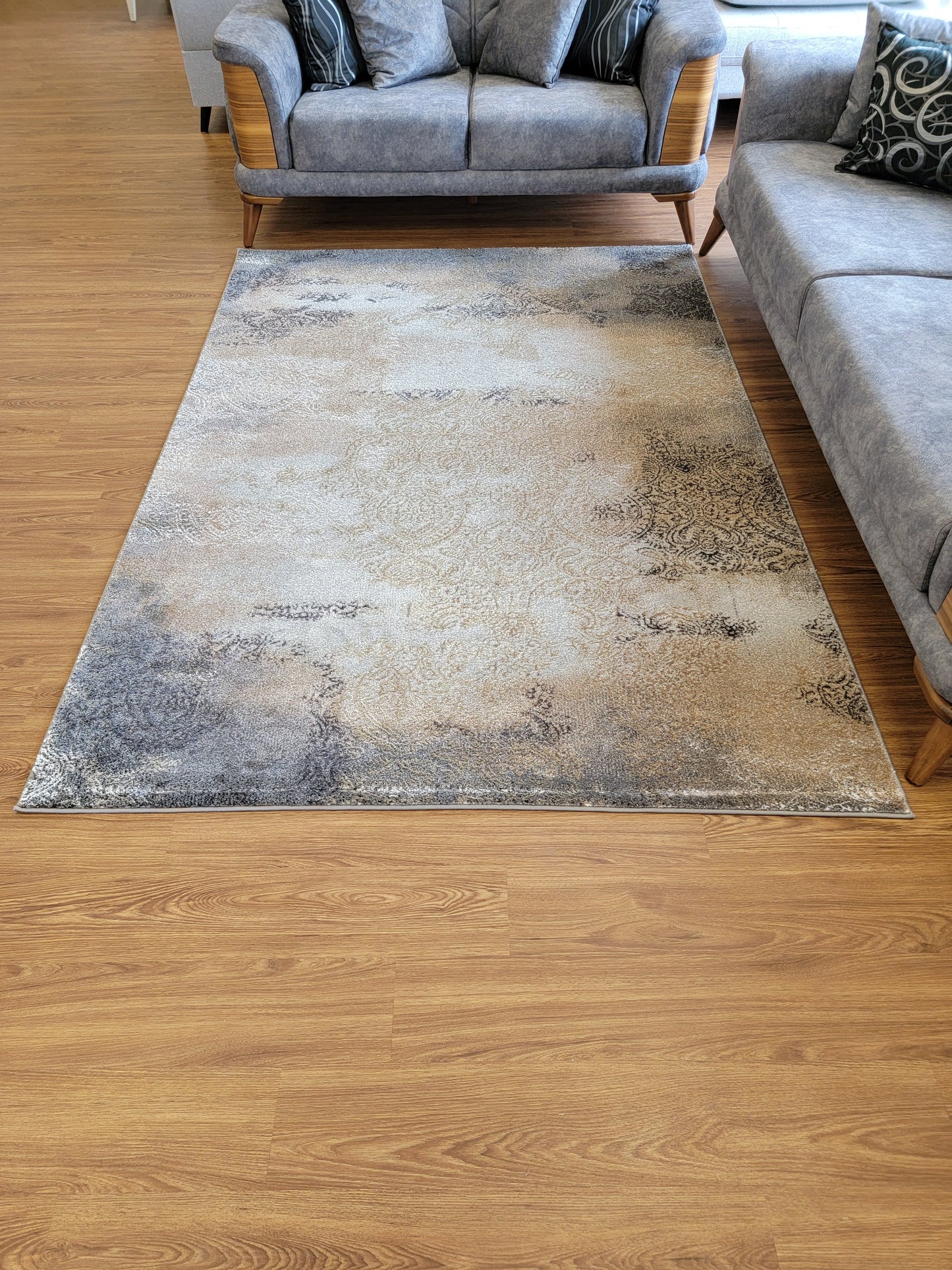 Despina Damask Area Rug. Ivory, Tan Brown, and Ash Gray