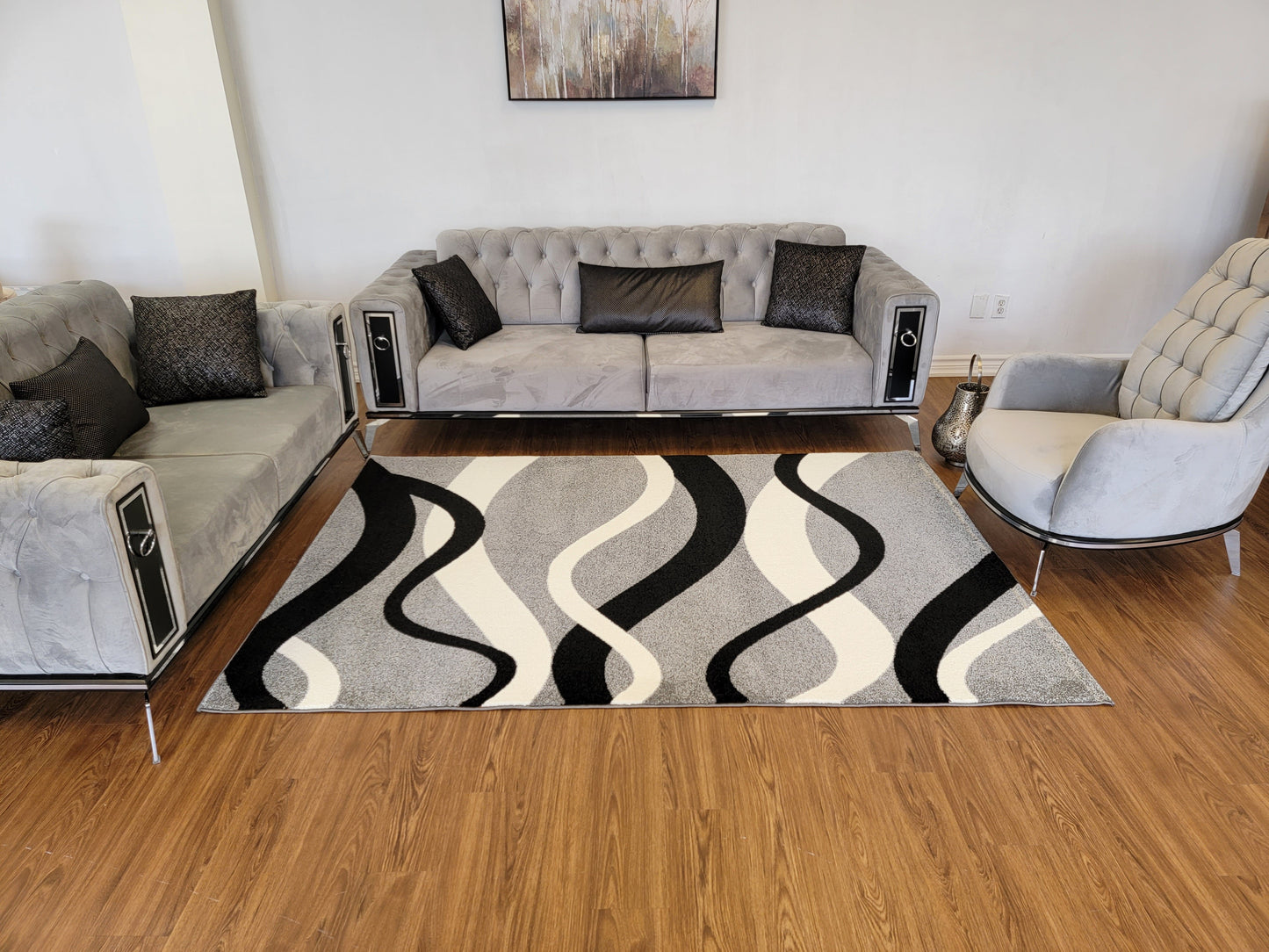 Diamond Abstract Area Rug. Ash Gray with Curved Lines in Black and White
