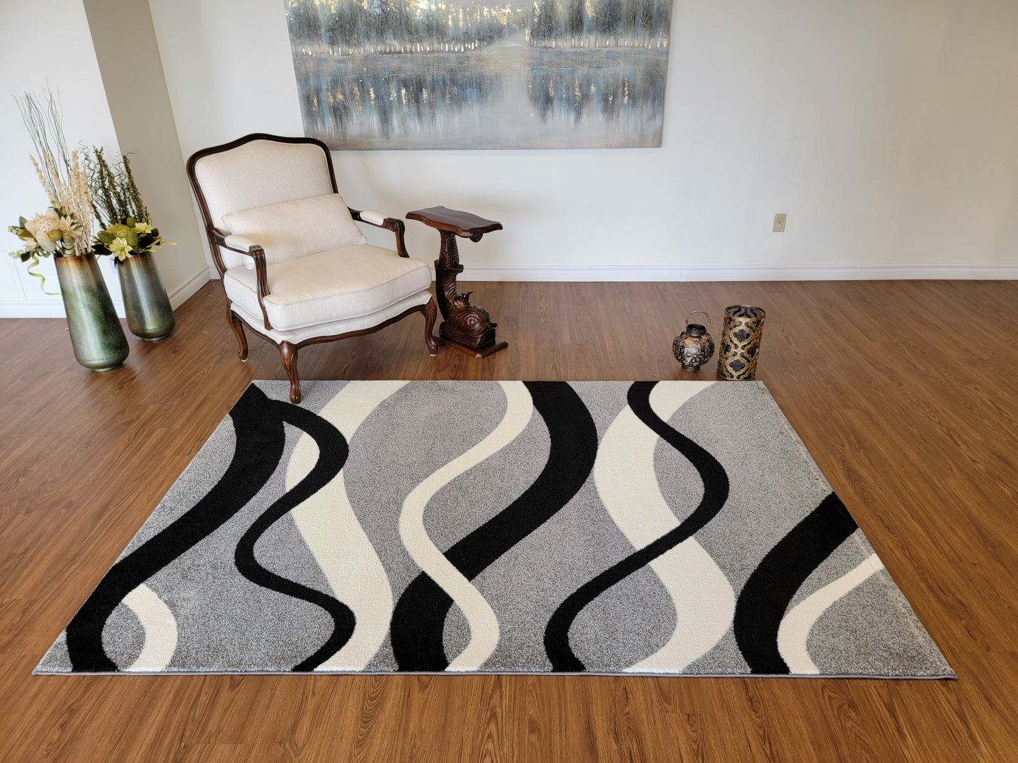 Diamond Abstract Area Rug. Ash Gray with Curved Lines in Black and White