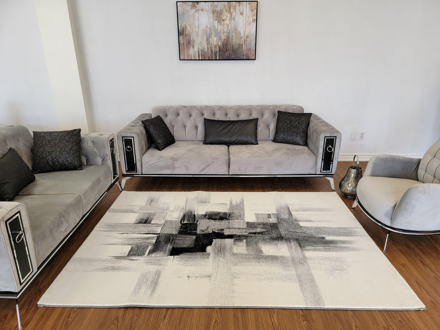 Diamond Abstract Area Rug. White Smoke, Ash Gray, and Charcoal