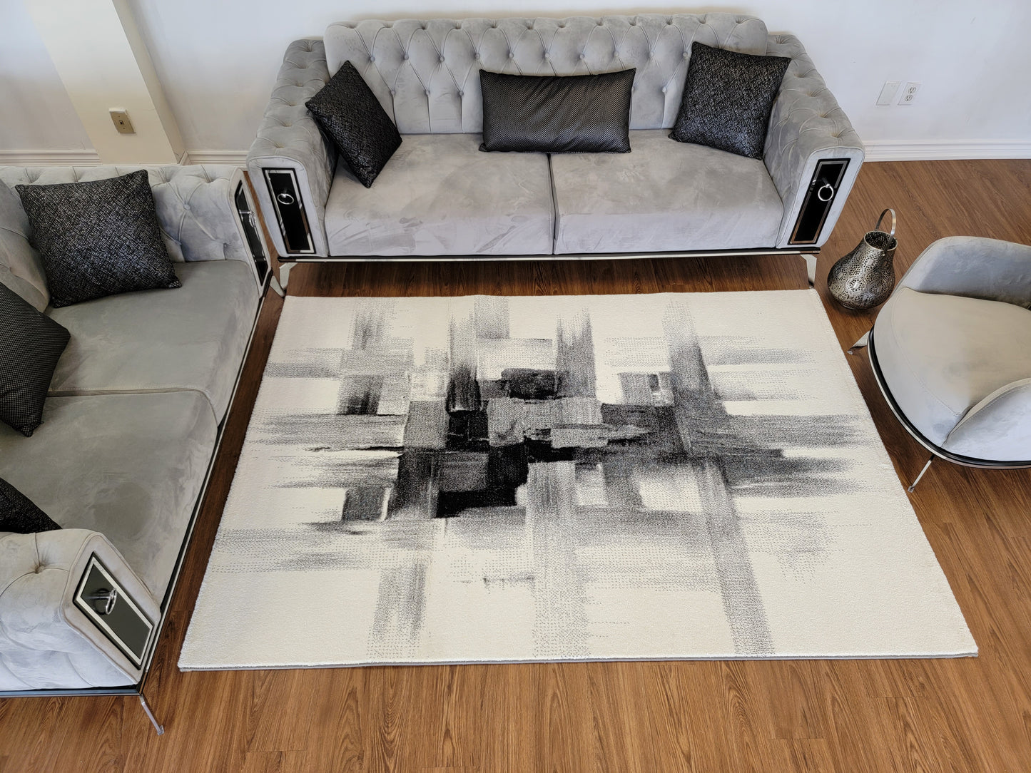 Diamond Abstract Area Rug. White Smoke, Ash Gray, and Charcoal