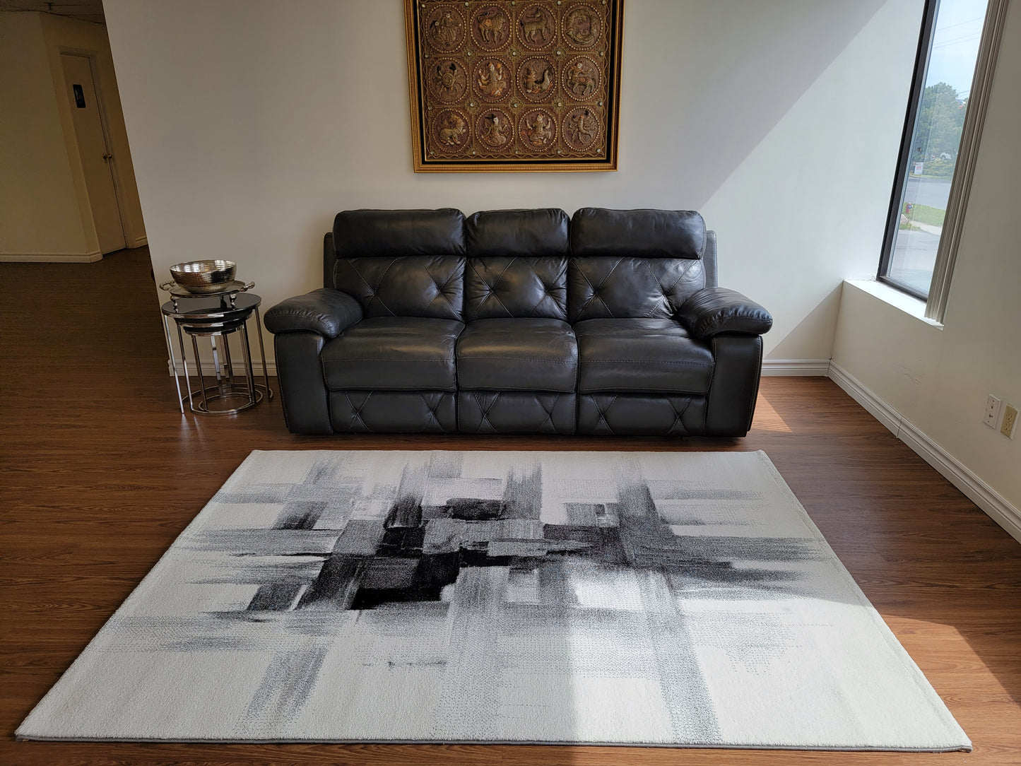 Diamond Abstract Area Rug. White Smoke, Ash Gray, and Charcoal