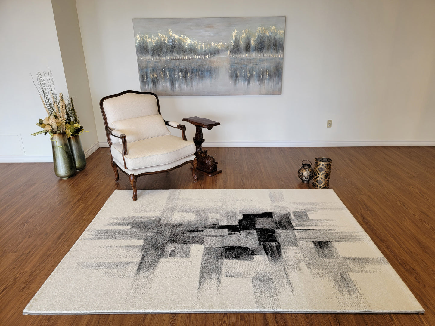 Diamond Abstract Area Rug. White Smoke, Ash Gray, and Charcoal