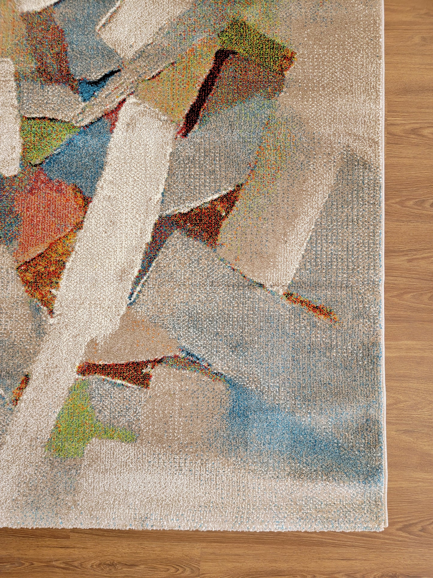 Diamond Art Abstract Area Rug. Beige, Sky Blue, and Coral Pink