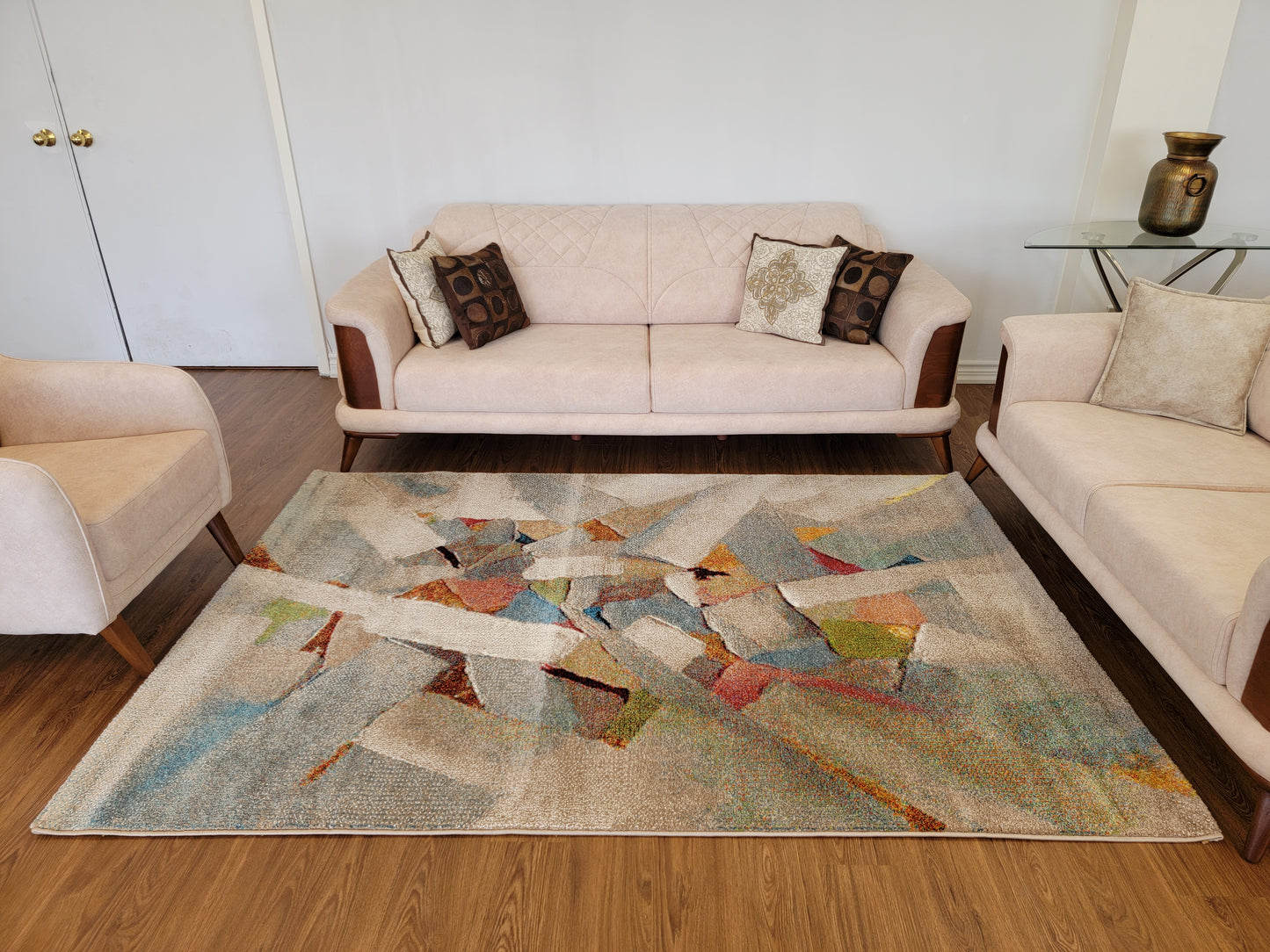 Diamond Art Abstract Area Rug. Beige, Sky Blue, and Coral Pink