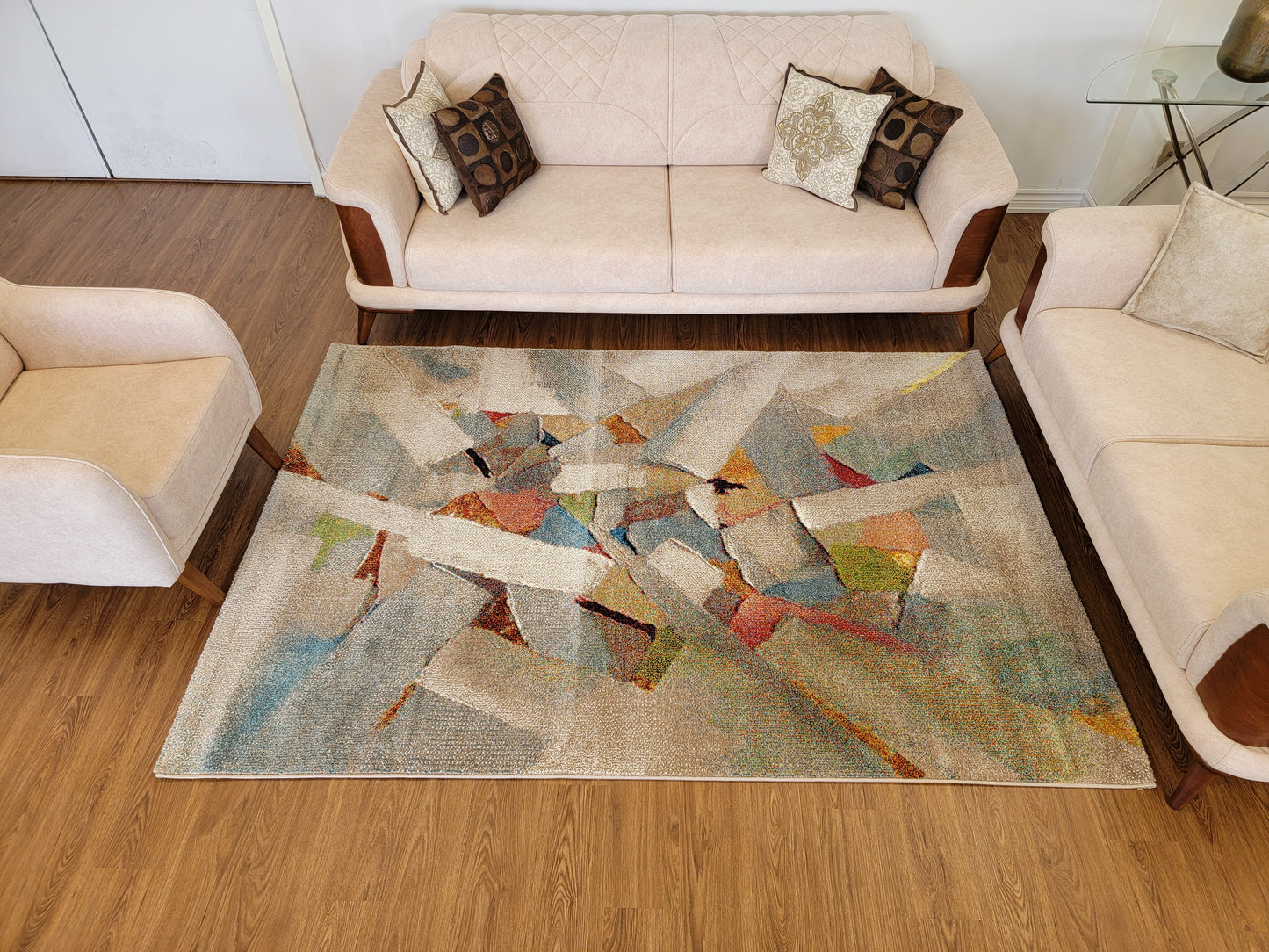 Diamond Art Abstract Area Rug. Beige, Sky Blue, and Coral Pink