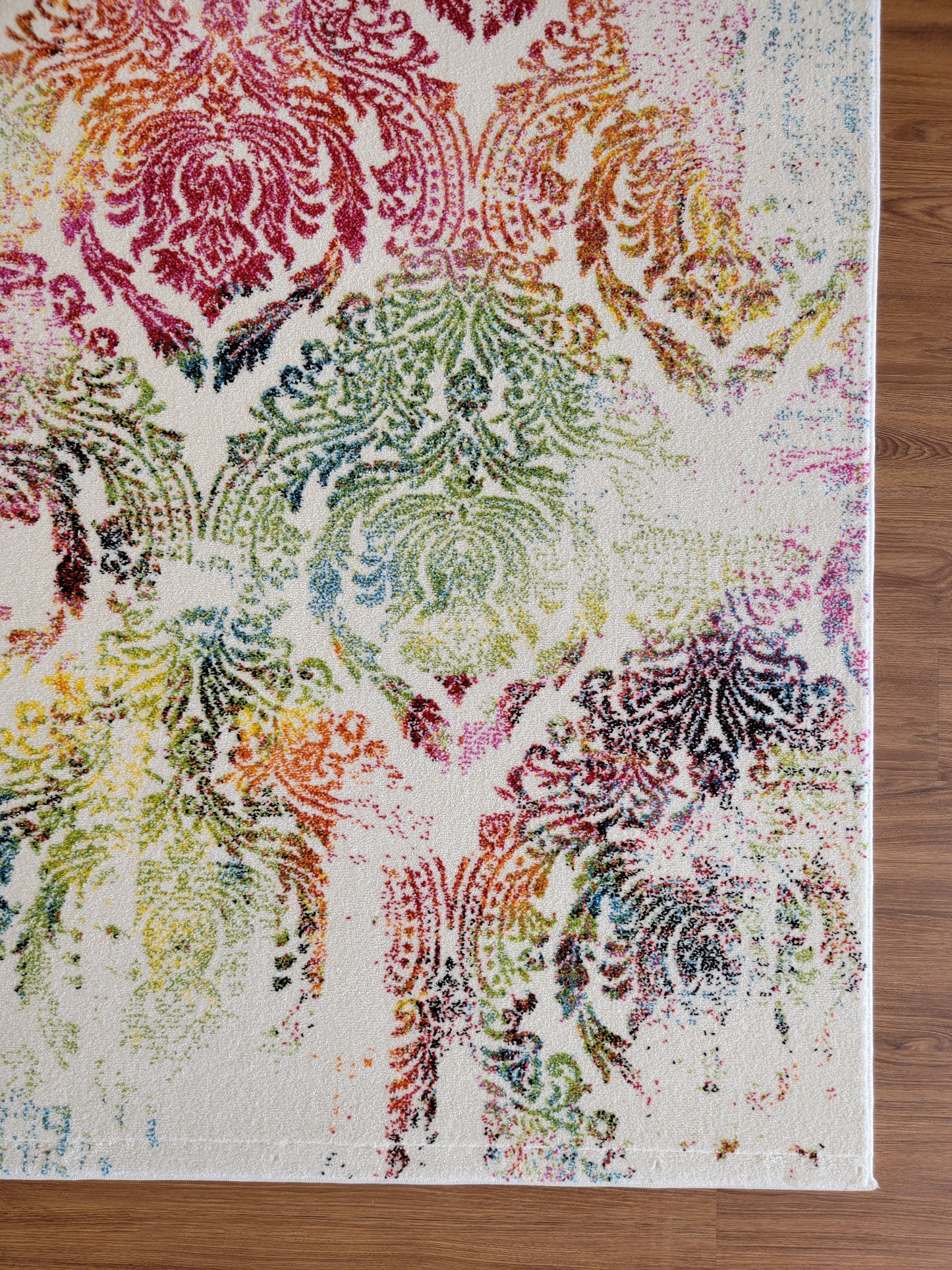 Diamond Damask Area Rug. Multiple Colors of Ivory White, Green, and Orange