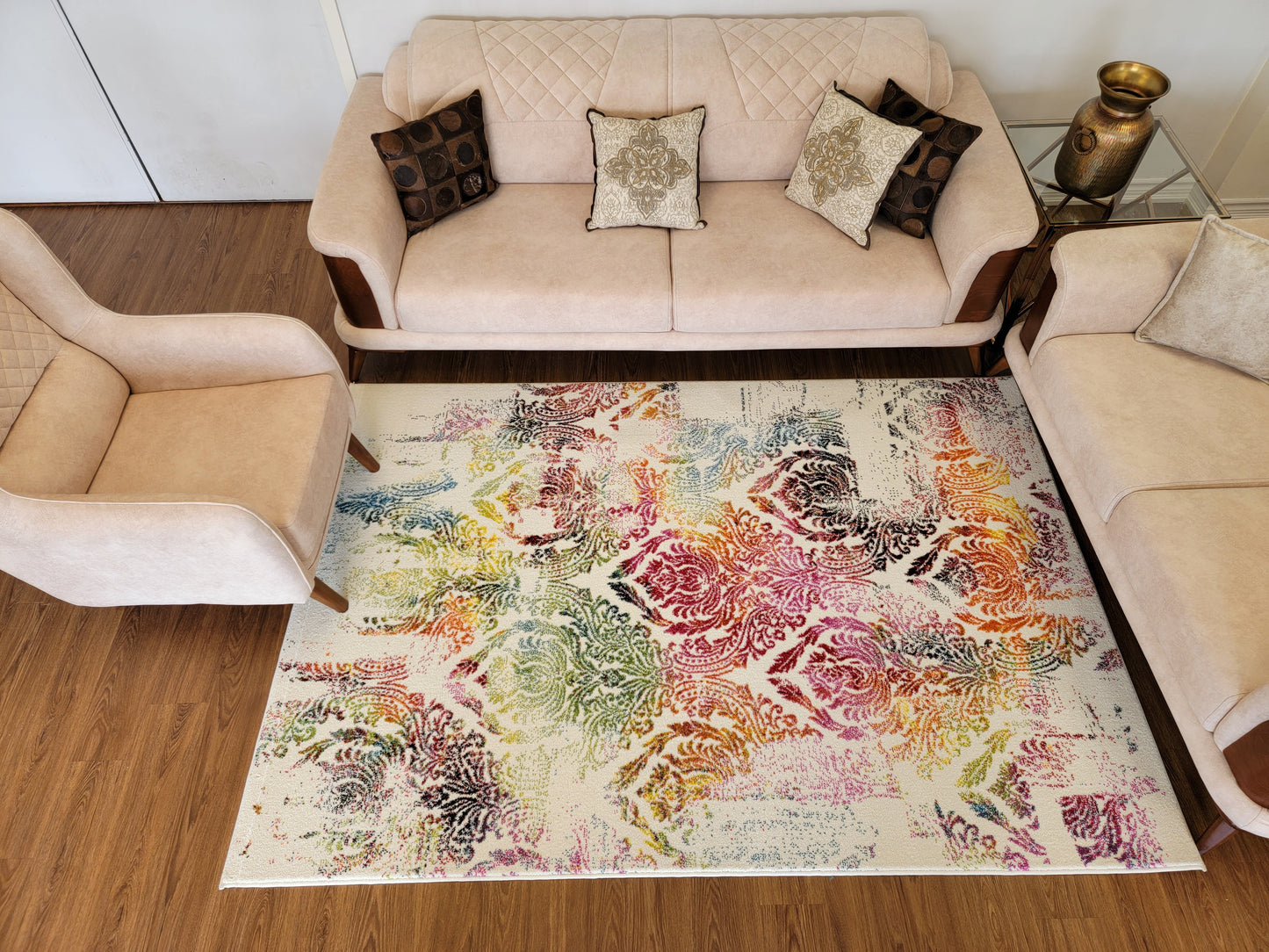 Diamond Damask Area Rug. Multiple Colors of Ivory White, Green, and Orange