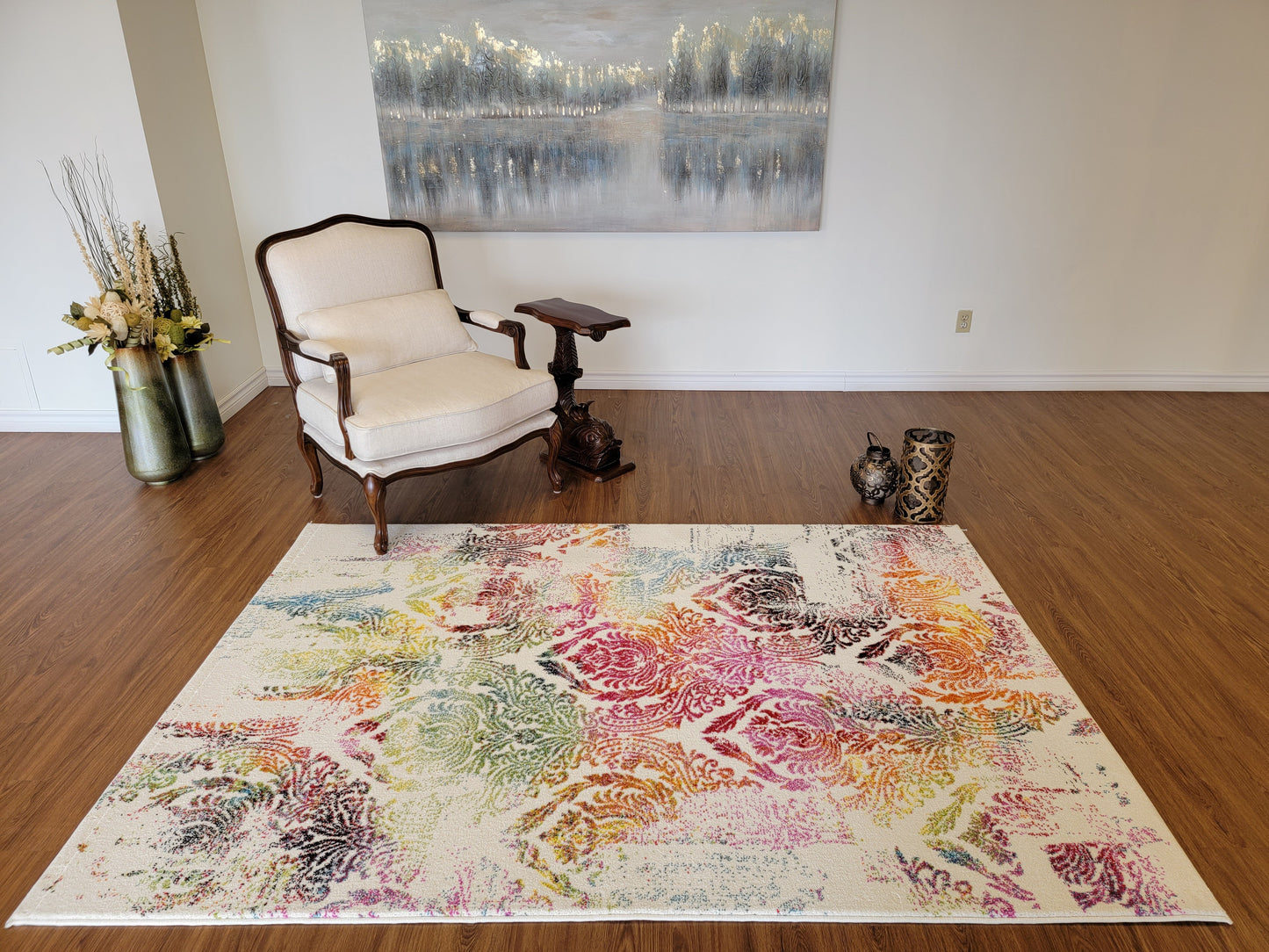 Diamond Damask Area Rug. Multiple Colors of Ivory White, Green, and Orange