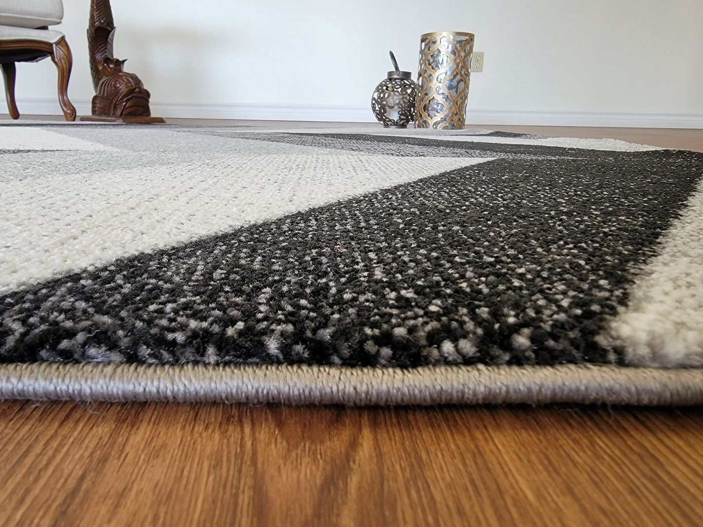 Diamond Geometric Area Rug. Black, Ash Gray, and Metallic Gray