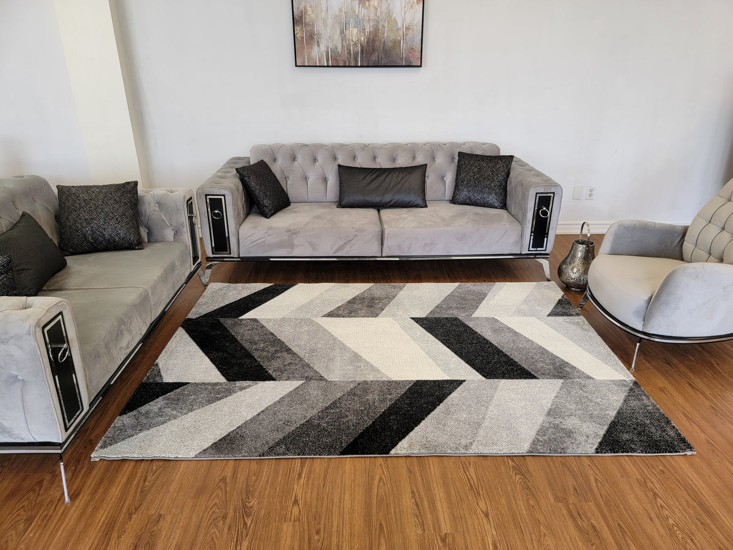 Diamond Geometric Area Rug. Black, Ash Gray, and Metallic Gray