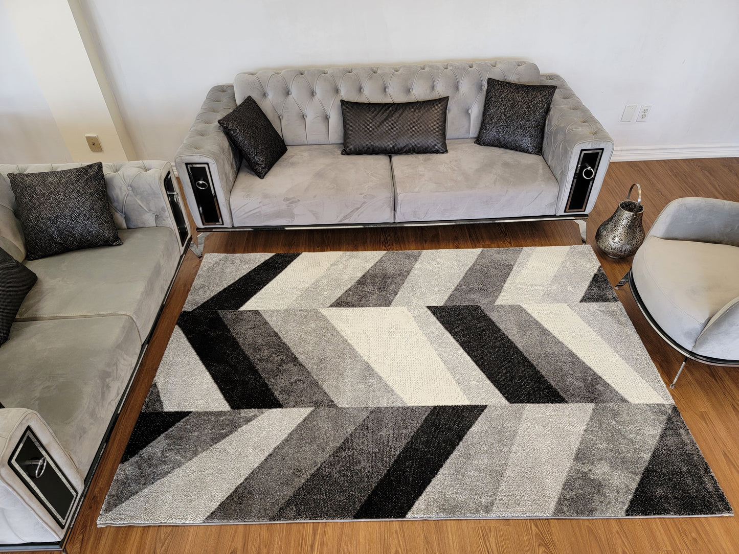 Diamond Geometric Area Rug. Black, Ash Gray, and Metallic Gray