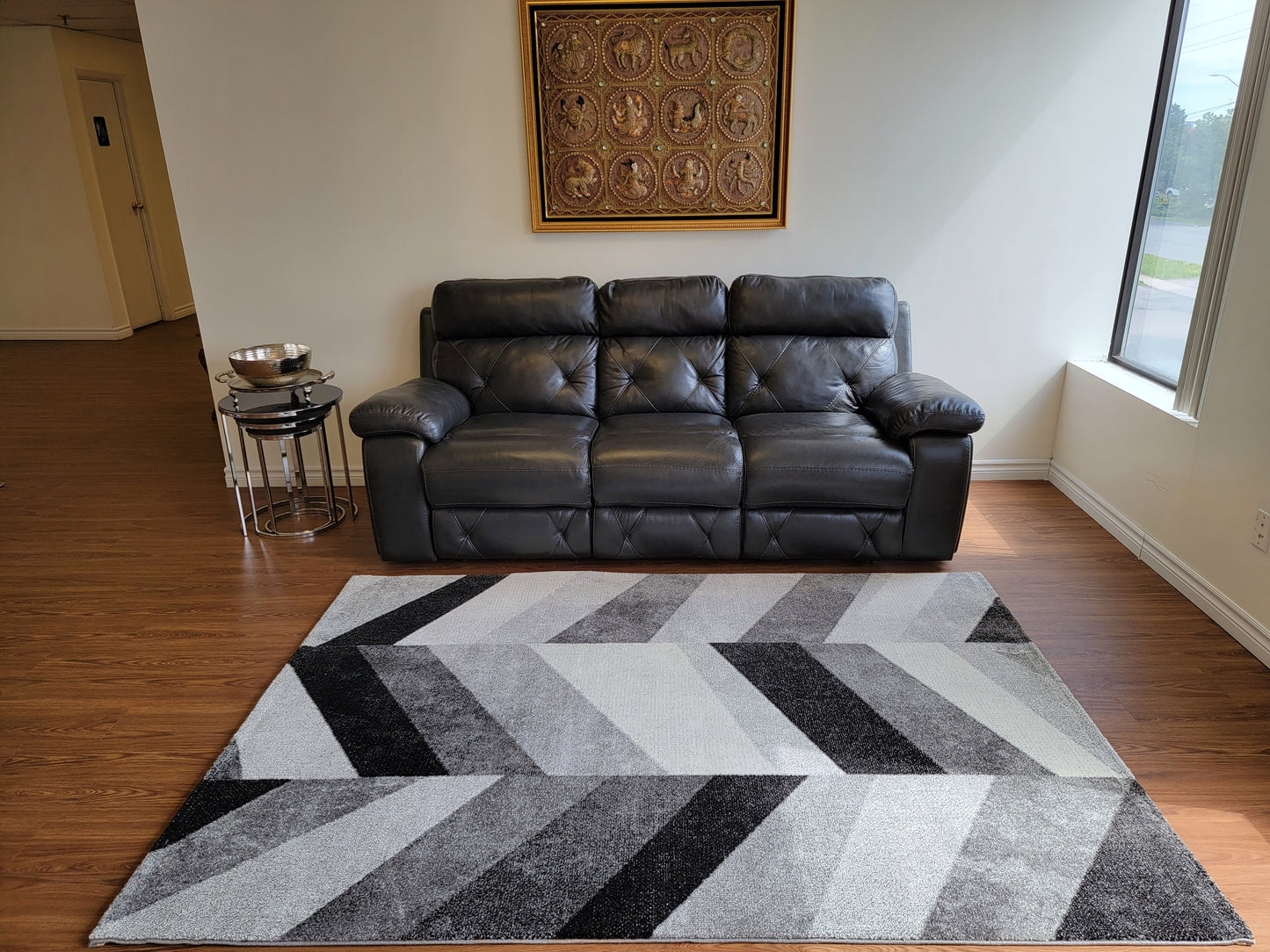 Diamond Geometric Area Rug. Black, Ash Gray, and Metallic Gray